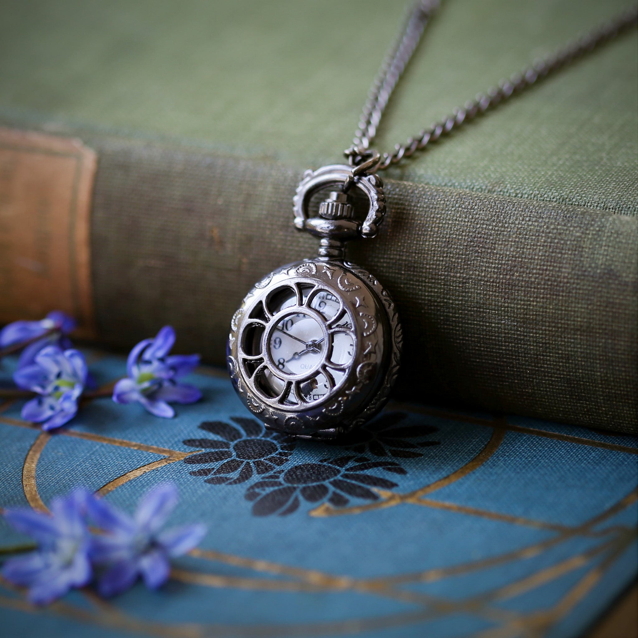 Gunmetal Daisy Watch Necklace