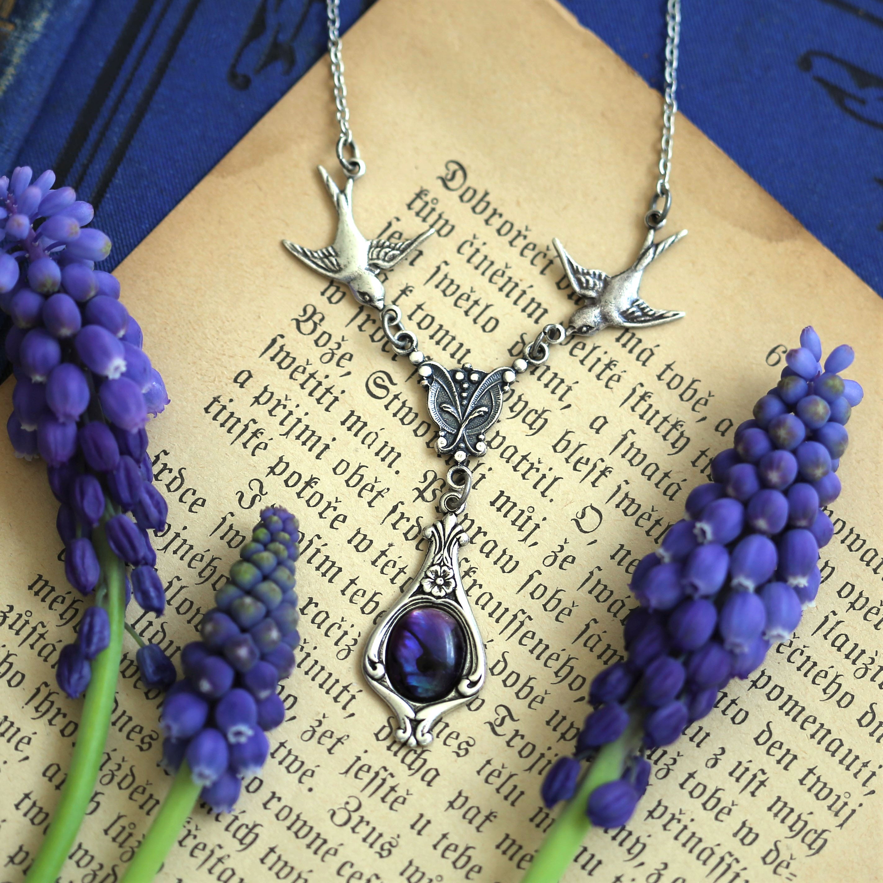 Blue Stone Necklace with Birds