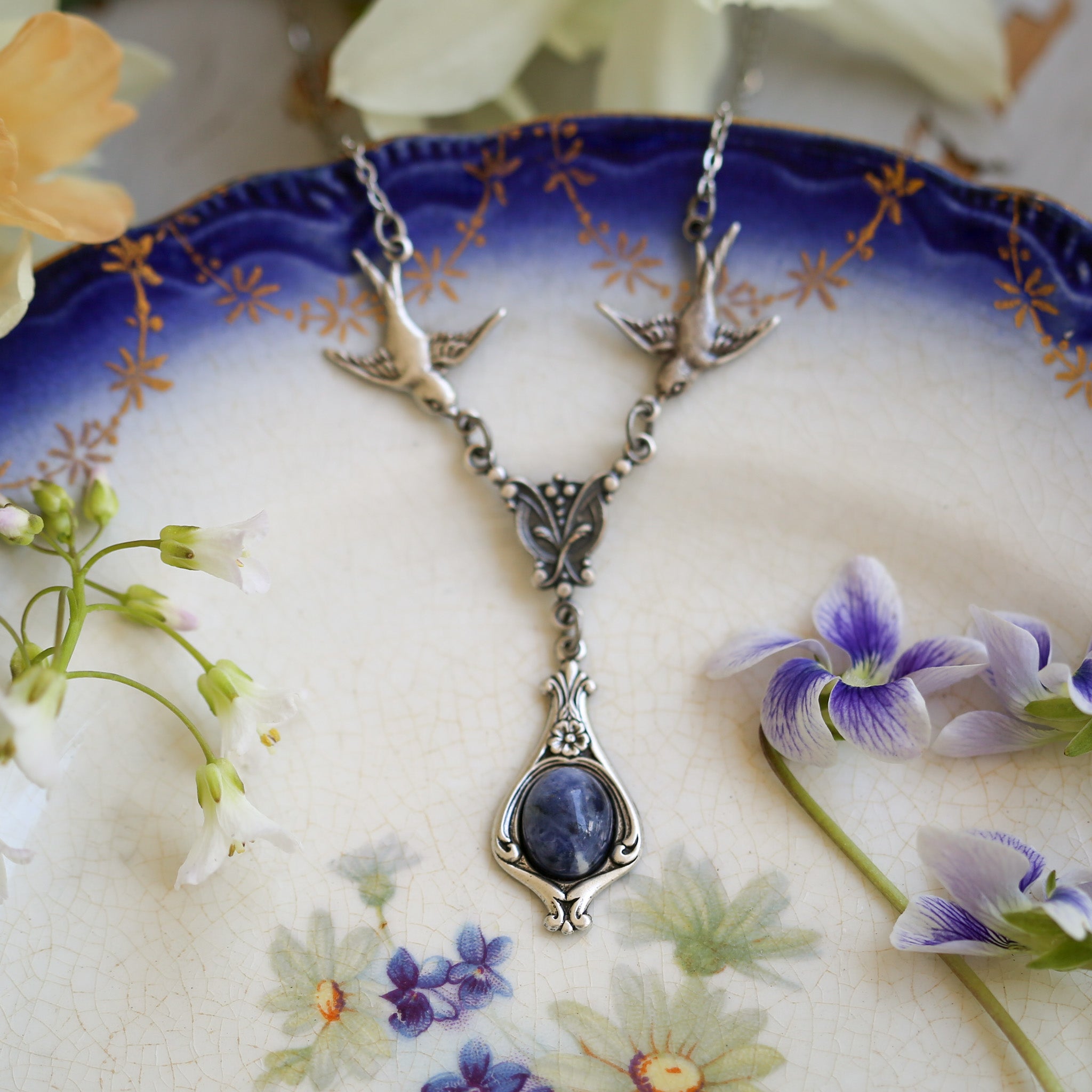 Blue Stone Necklace with Birds