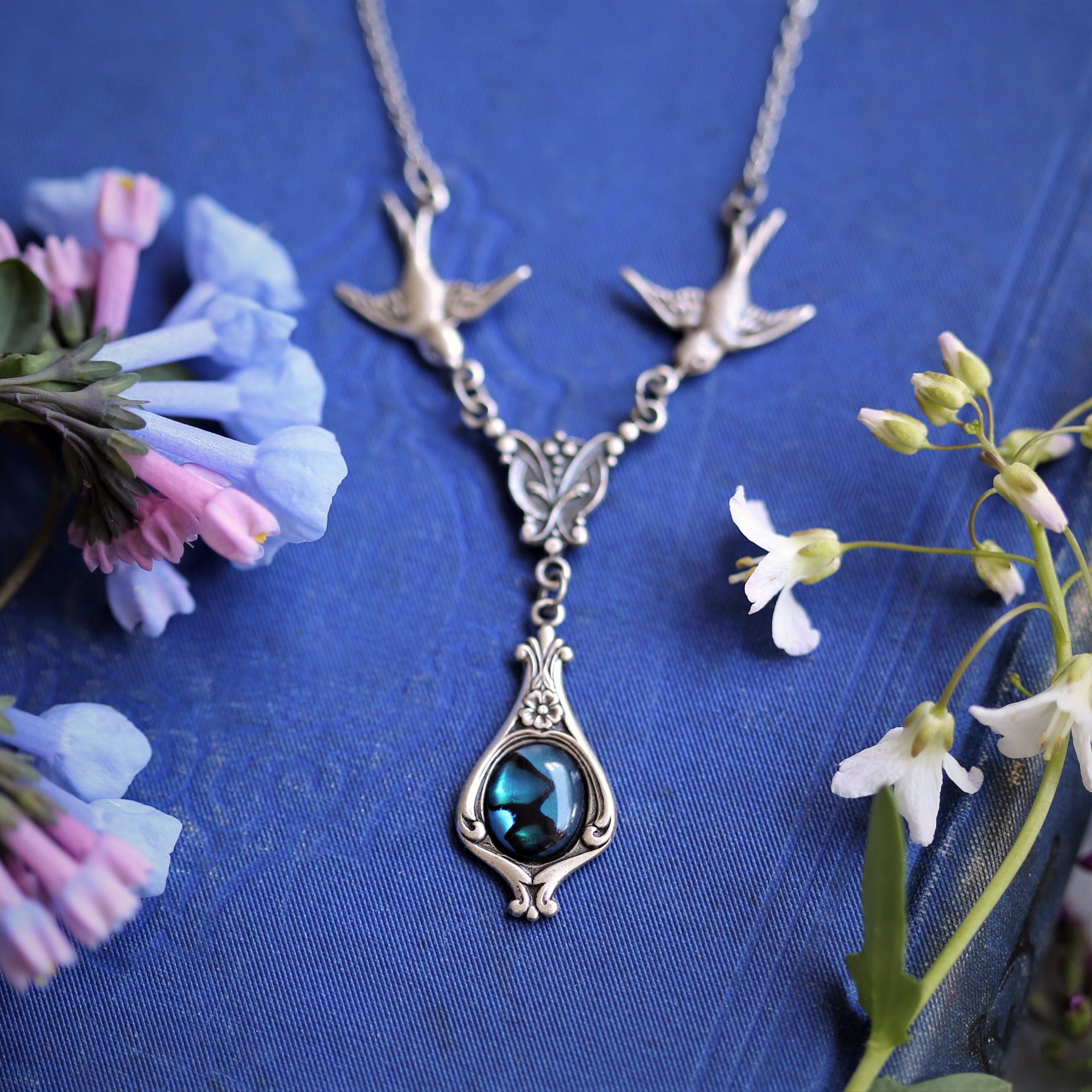 Blue Stone Necklace with Birds