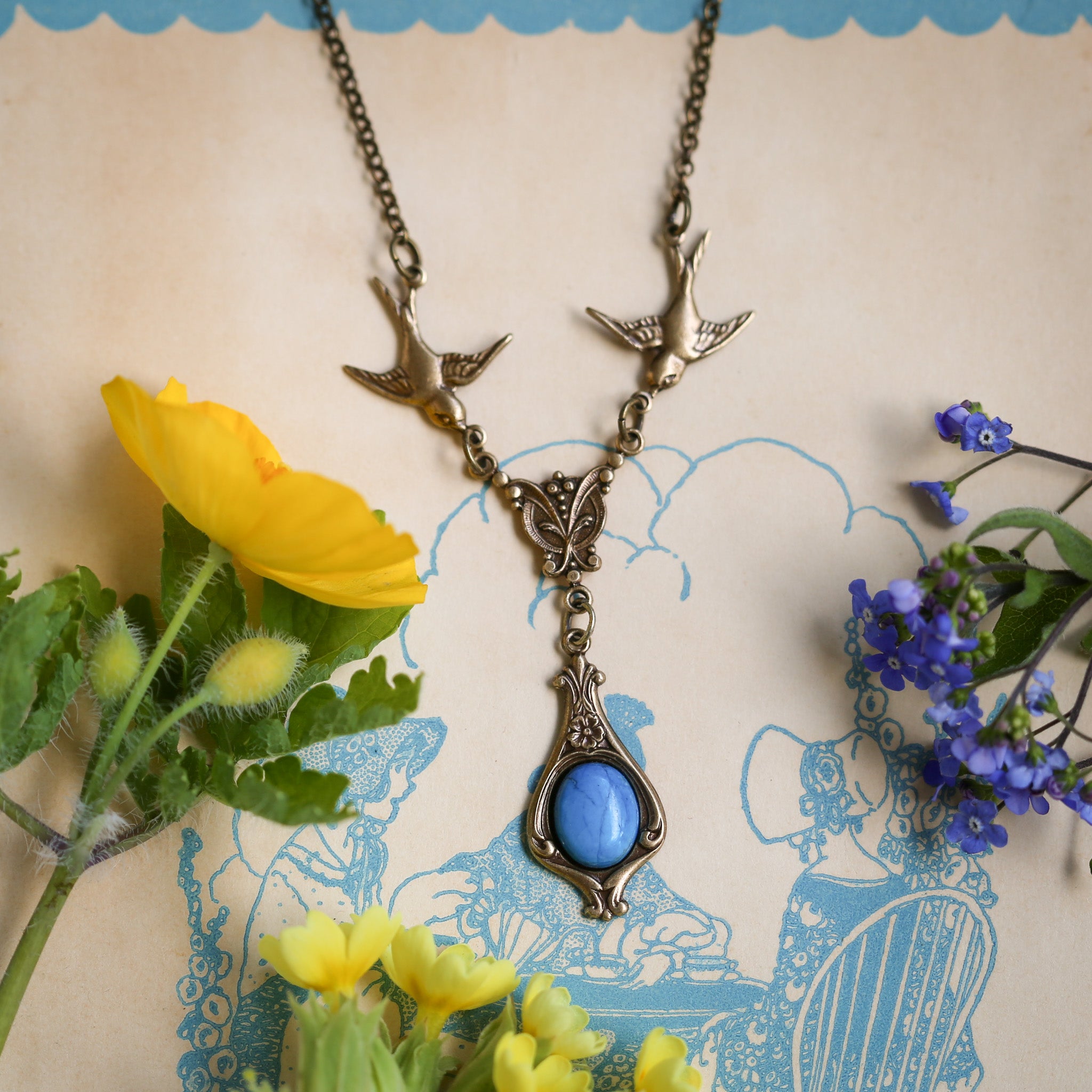 Blue Stone Necklace with Birds