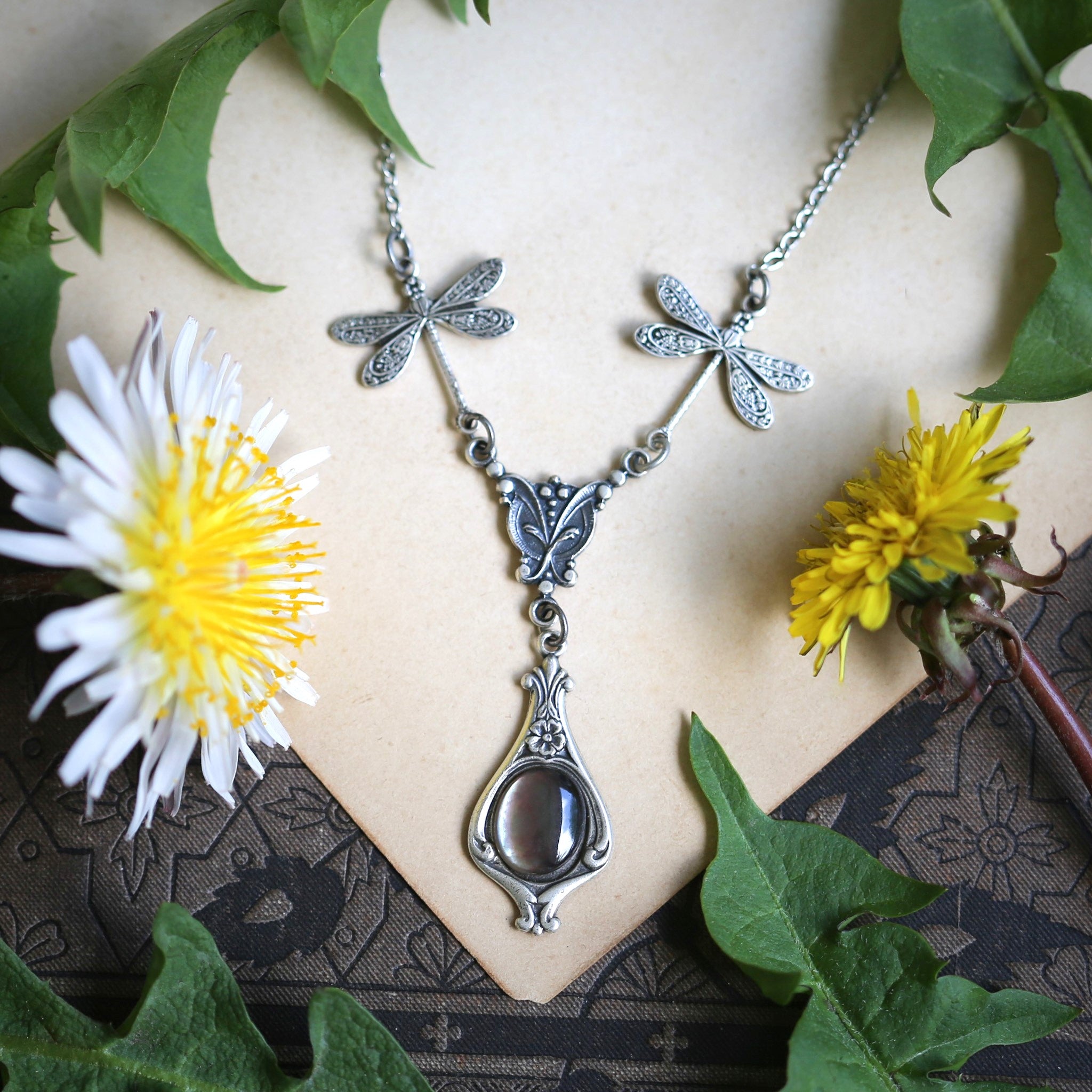 Neutral Stone or Shell Dragonfly Necklace