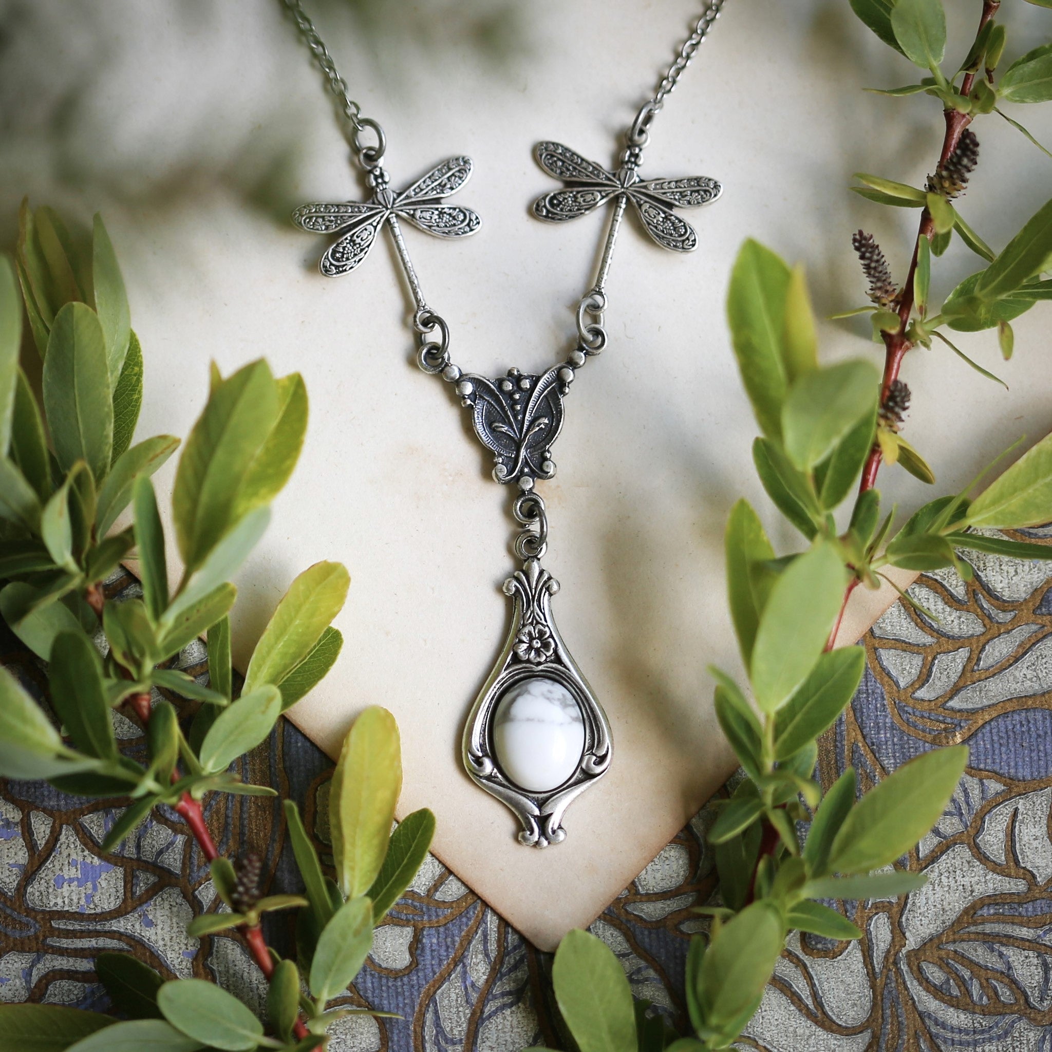 Neutral Stone or Shell Dragonfly Necklace