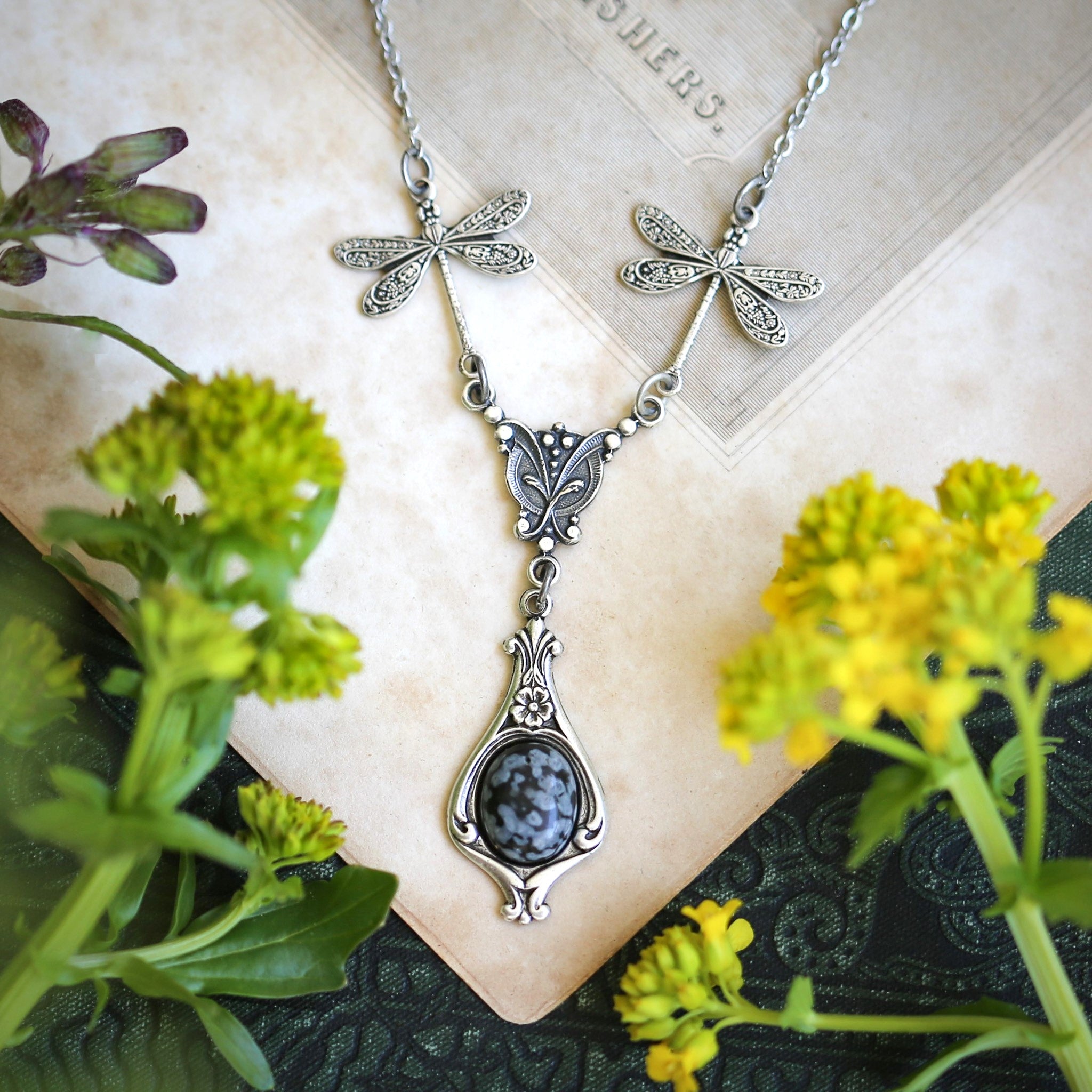 Neutral Stone or Shell Dragonfly Necklace
