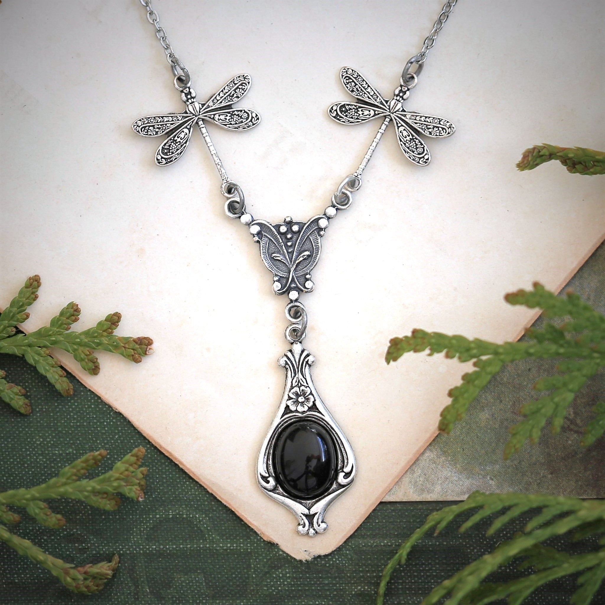 Neutral Stone or Shell Dragonfly Necklace