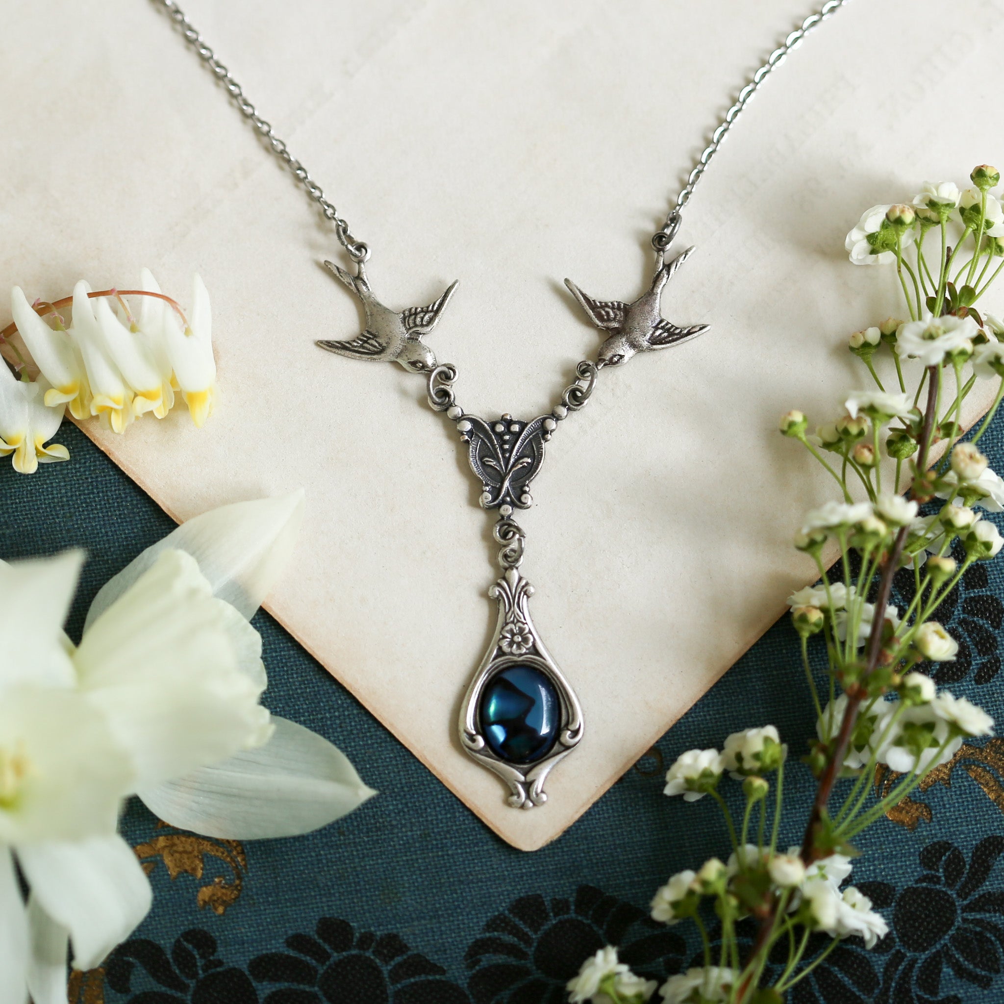 Blue Stone Necklace with Birds
