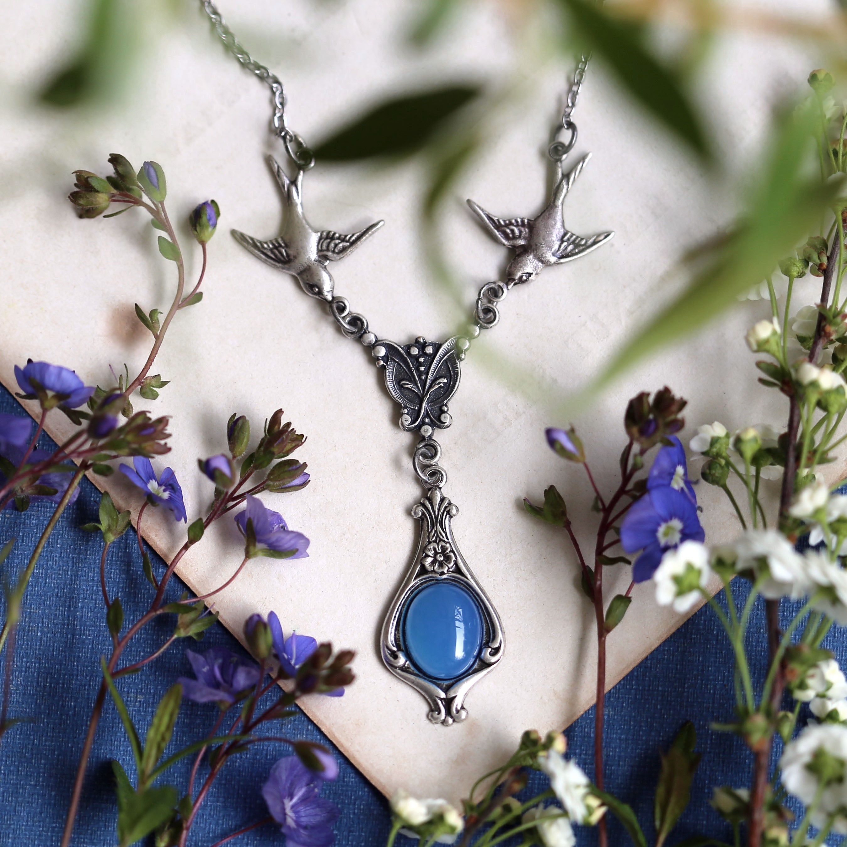 Blue Stone Necklace with Birds