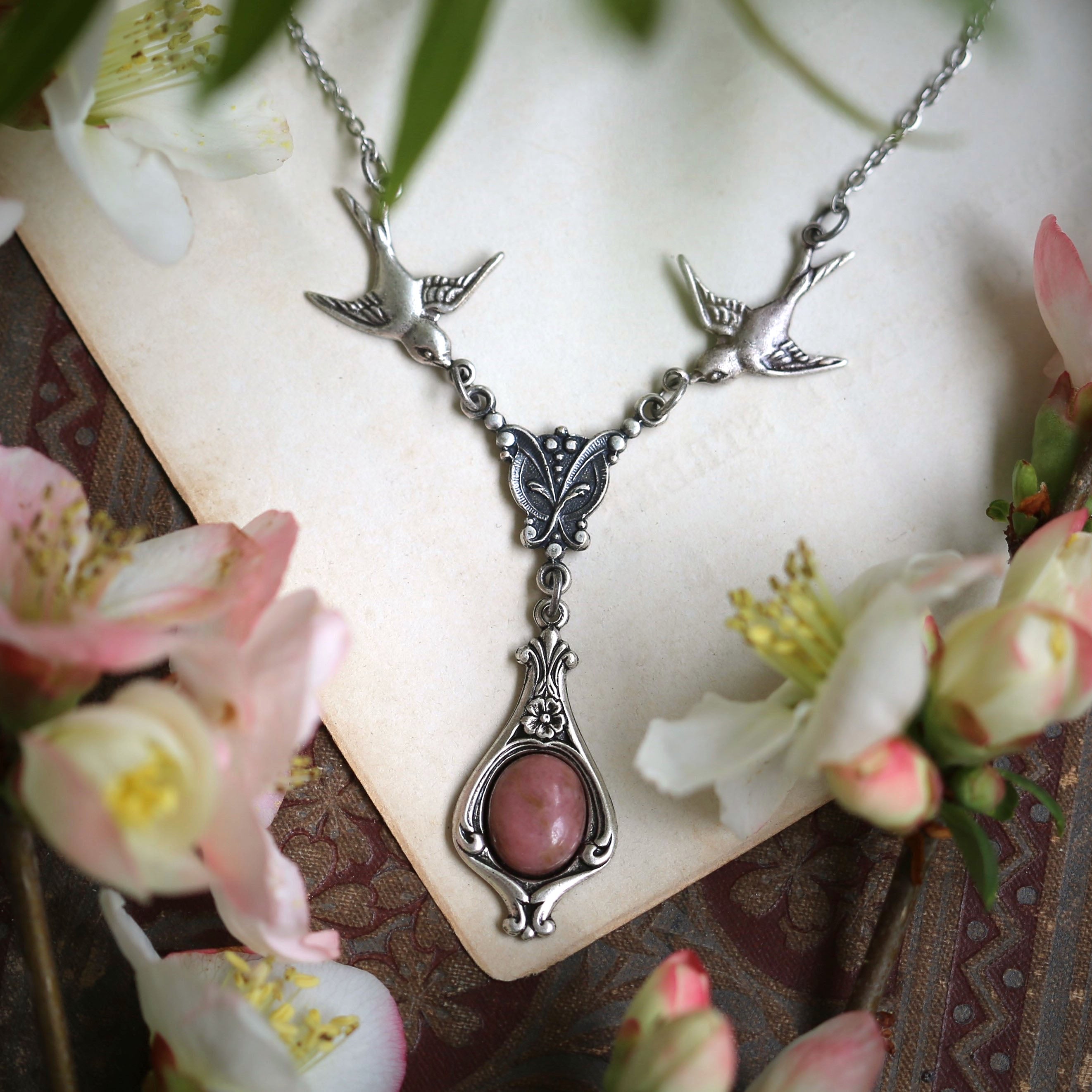 Pink or Purple Stone Necklace with Birds