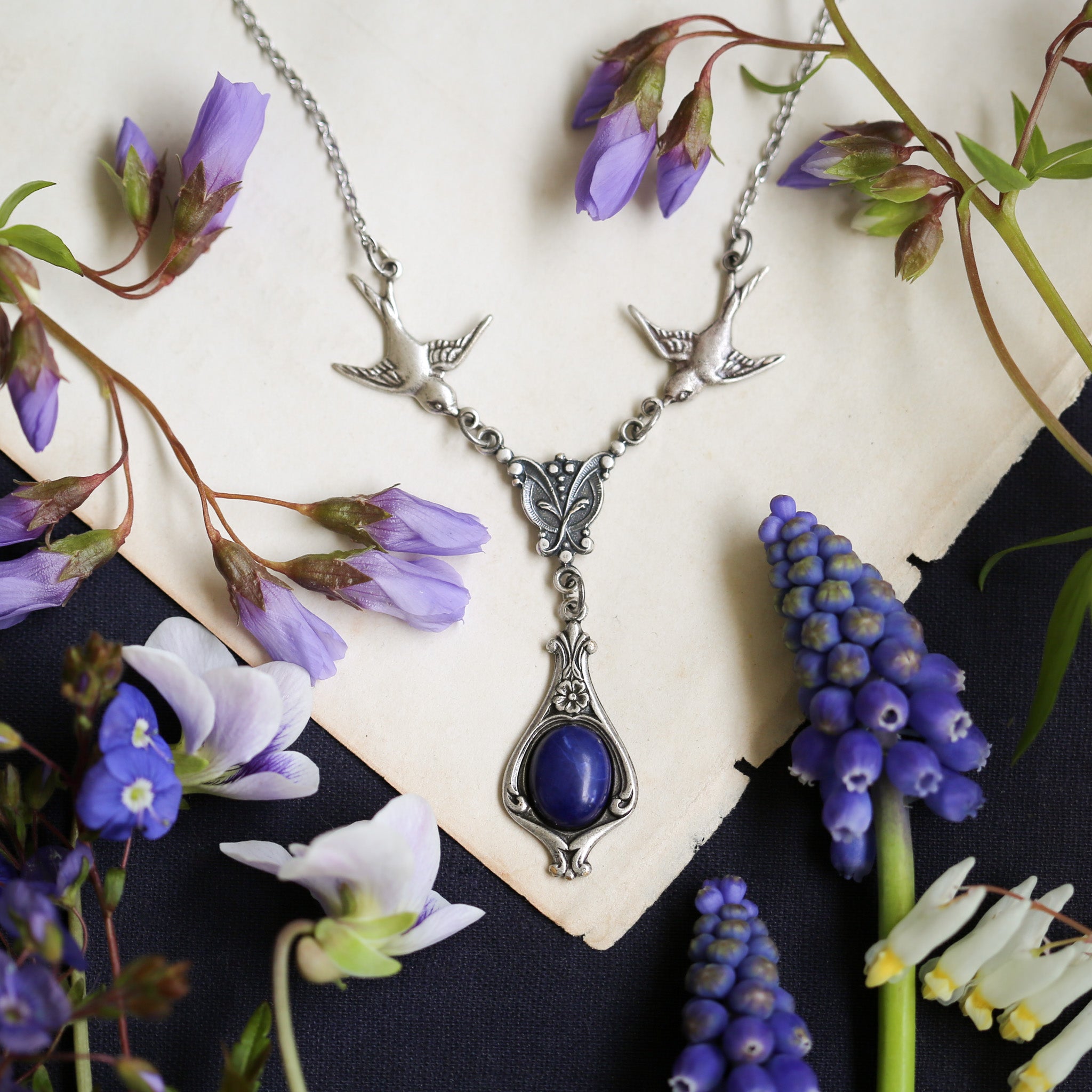 Blue Stone Necklace with Birds
