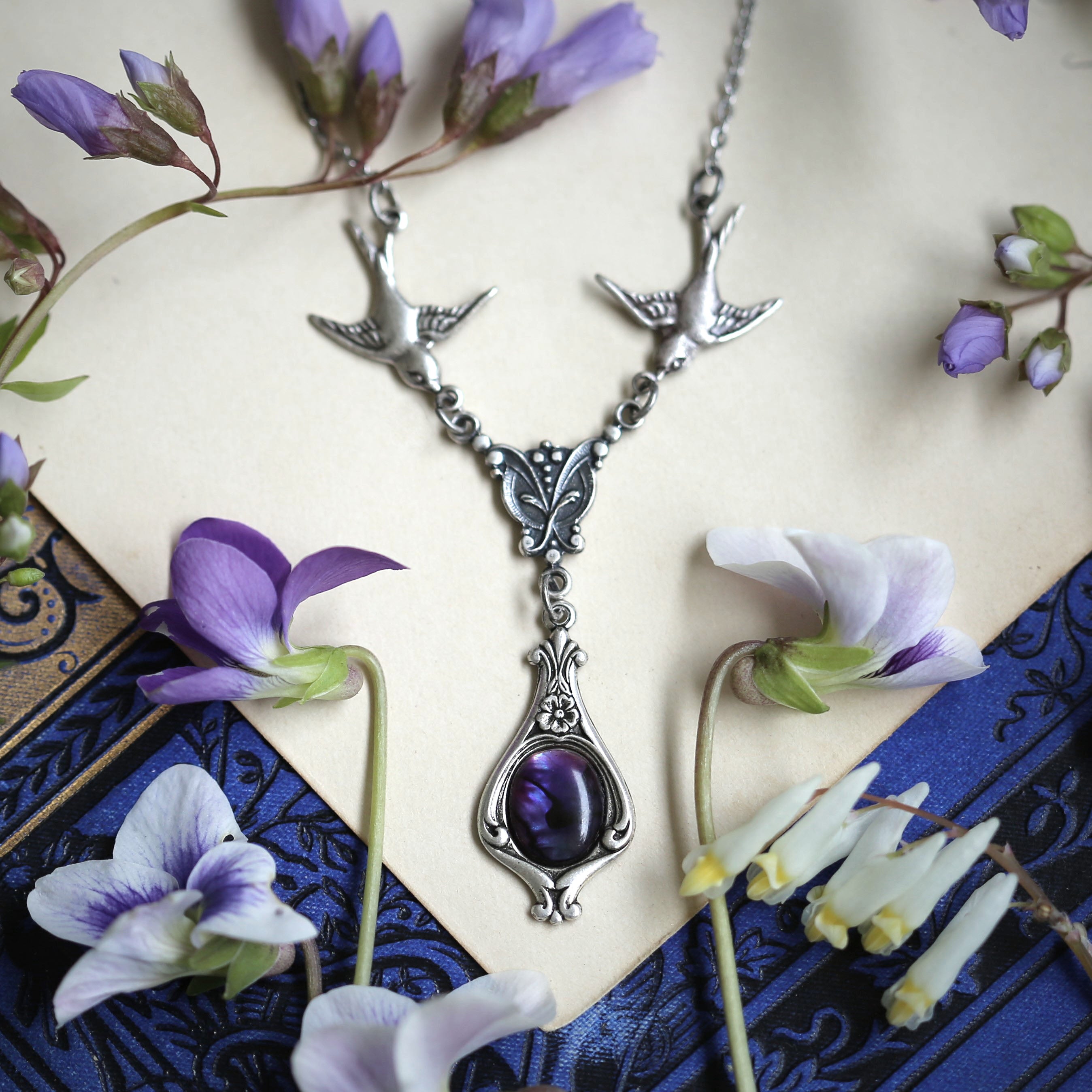Pink or Purple Stone Necklace with Birds