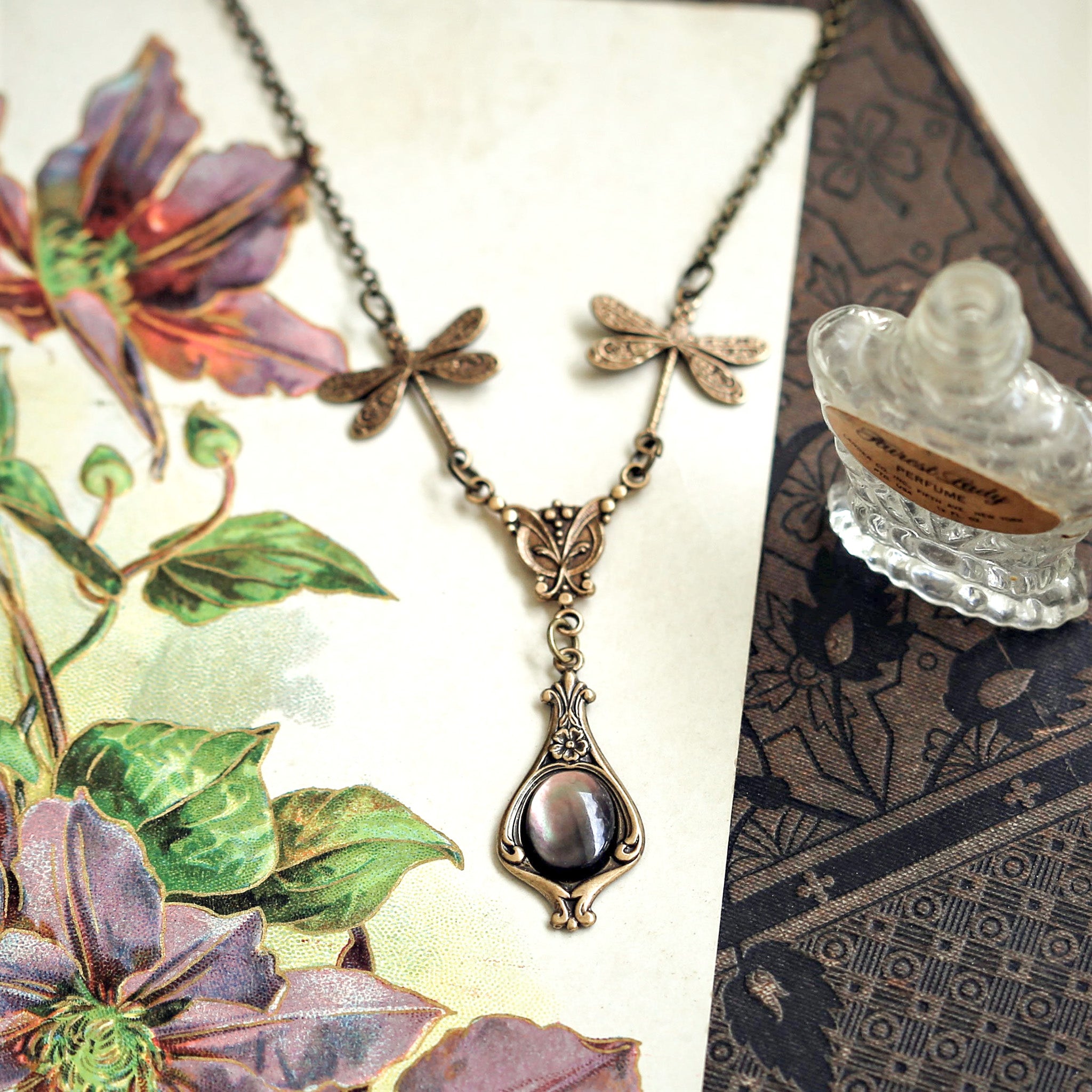 Neutral Stone or Shell Dragonfly Necklace