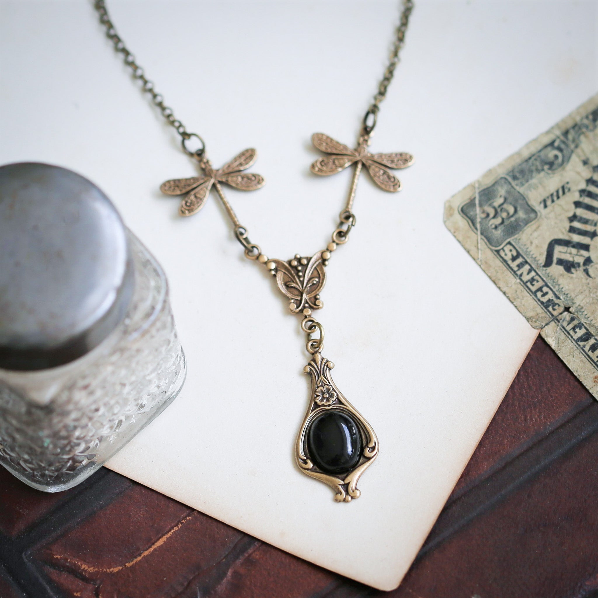 Neutral Stone or Shell Dragonfly Necklace