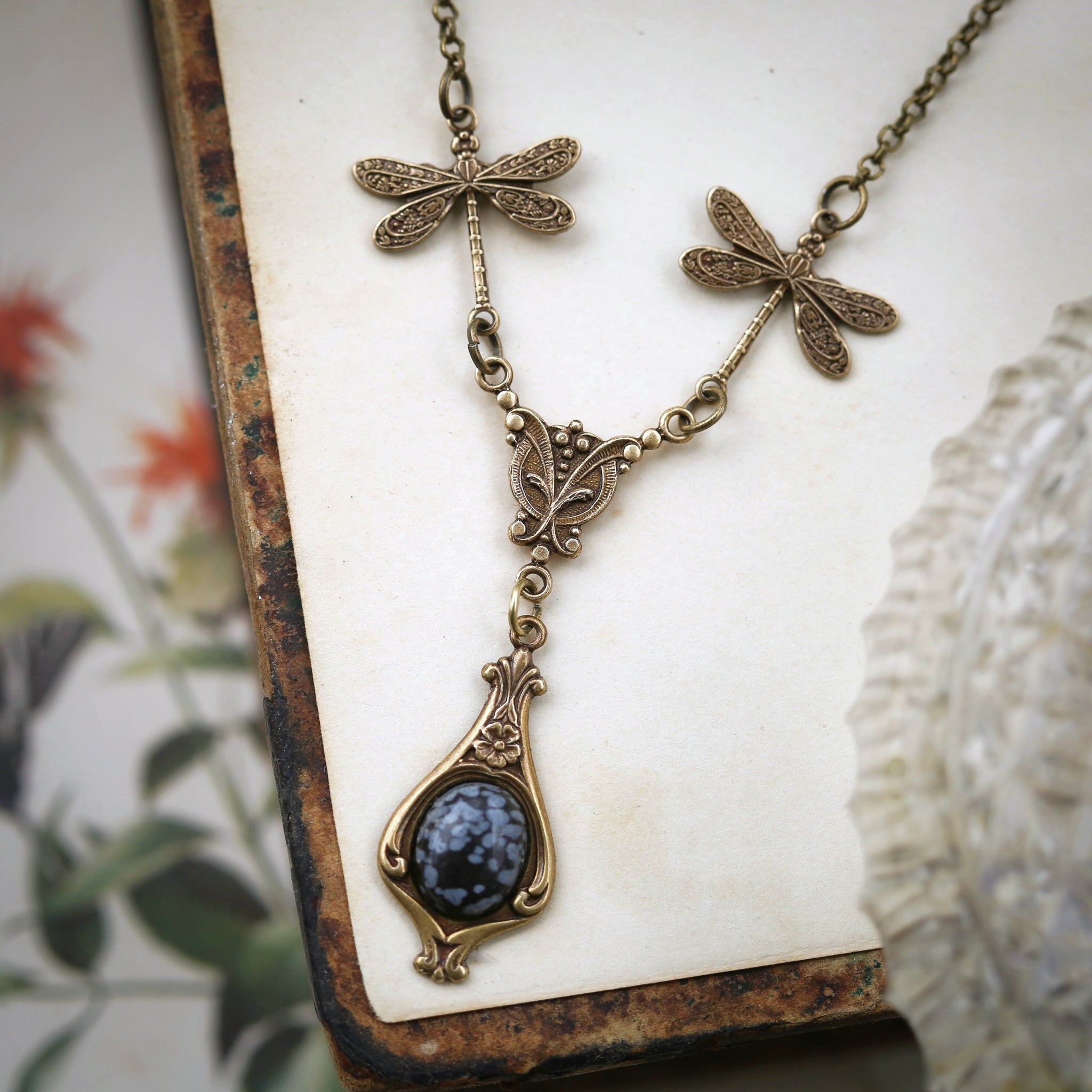 Neutral Stone or Shell Dragonfly Necklace