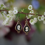Lady Cameo Earrings - Pick Blue, Green, Pink, Black or Purple - Antiqued Brass or Sterling Silver Plate