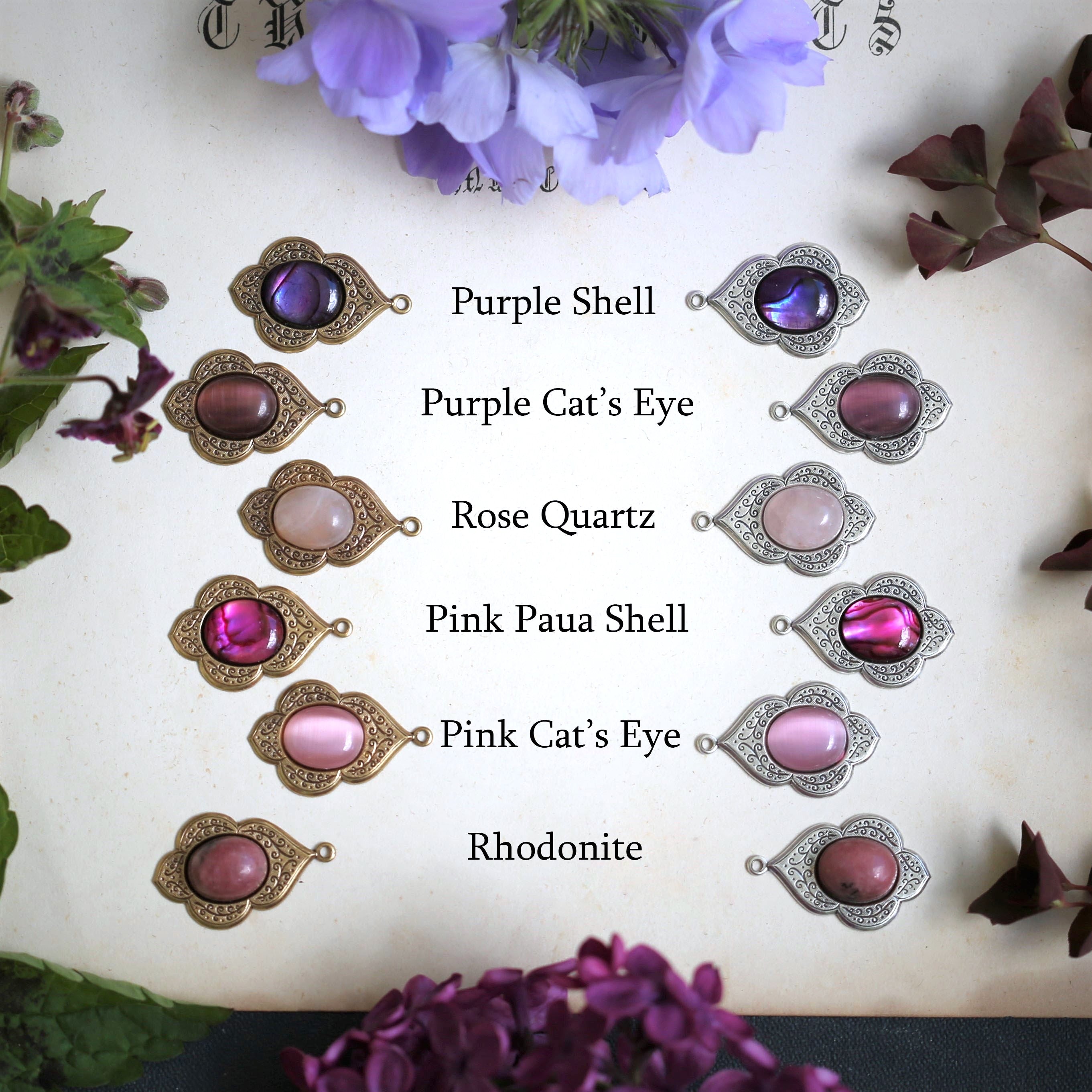 a selection of silver and brass vintage style stone drop dangle earrings in the shades of purple and pink options