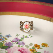 Blue Rose Cameo Ring on Vintage Style Filigree Adjustable Ring in Silver or Brass Choose from Pink, Blue, or Yellow