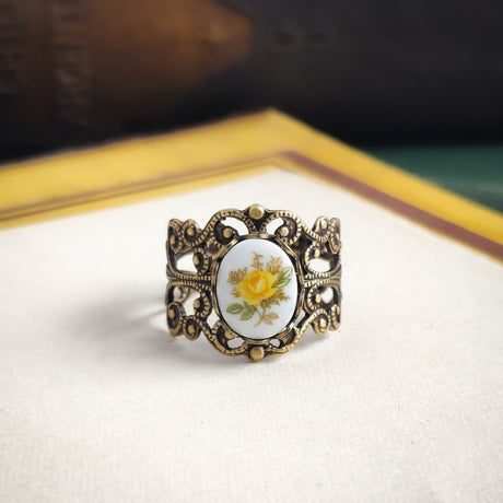 Yellow Rose Cameo on Vintage Style Victorian Filigree Adjustable Ring in Silver or Brass.  Available in Pink, Blue, or Yellow