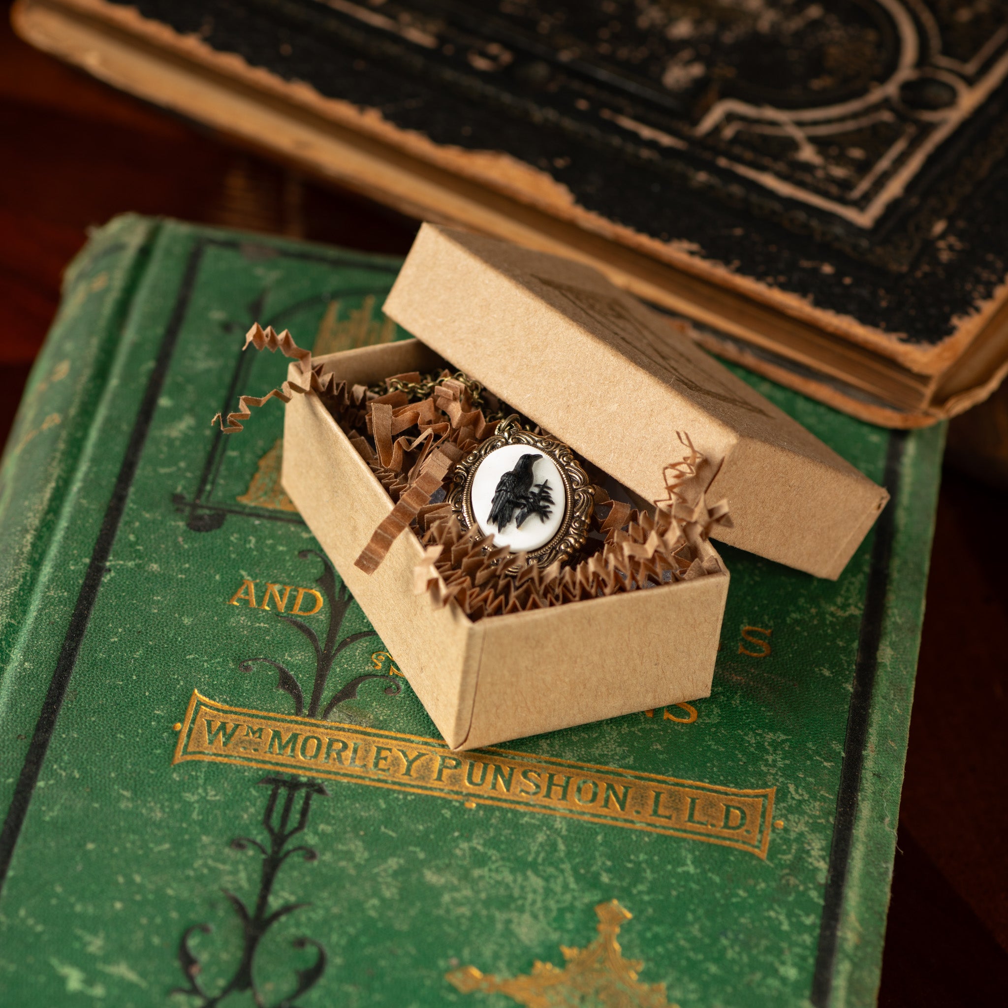 Black Raven Cameo Necklace Vintage Style Poe Victorian Gothic Horror Crow Dark Academia Pendant on Retro Filigree Setting Odin's Eyes