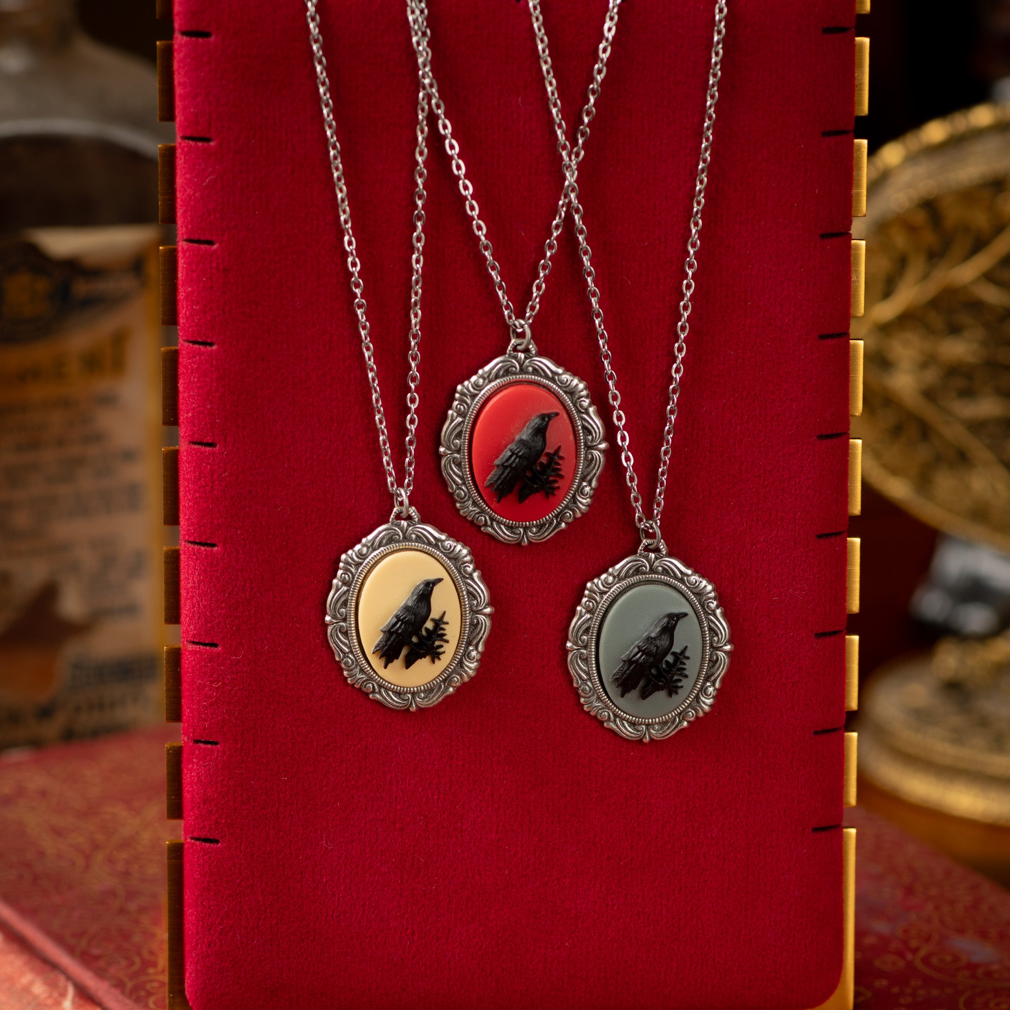 Black Raven Cameo Necklace Vintage Style Poe Victorian Gothic Horror Crow Dark Academia Pendant on Retro Filigree Setting Odin's Eyes