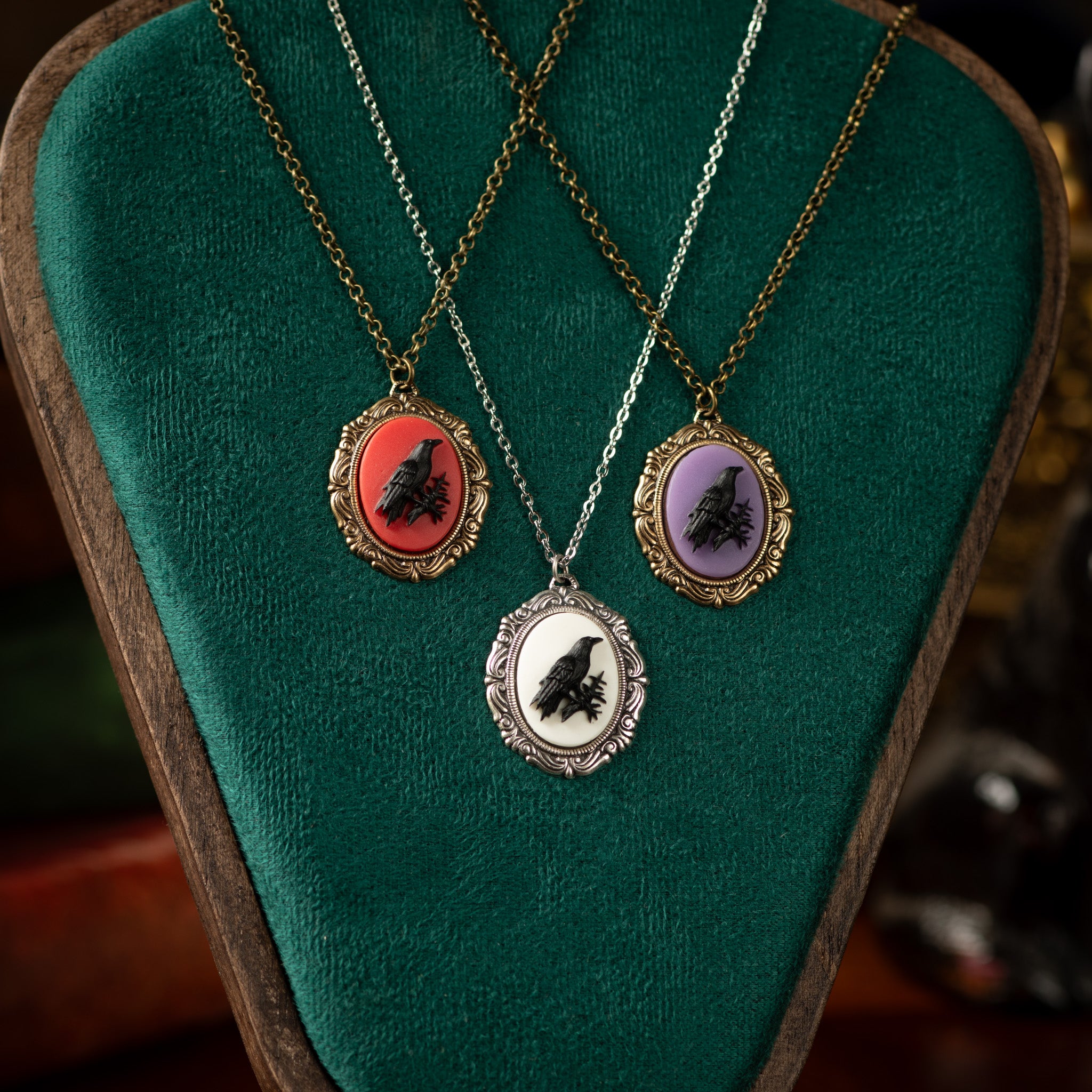 Black Raven Cameo Necklace Vintage Style Poe Victorian Gothic Horror Crow Dark Academia Pendant on Retro Filigree Setting Odin's Eyes