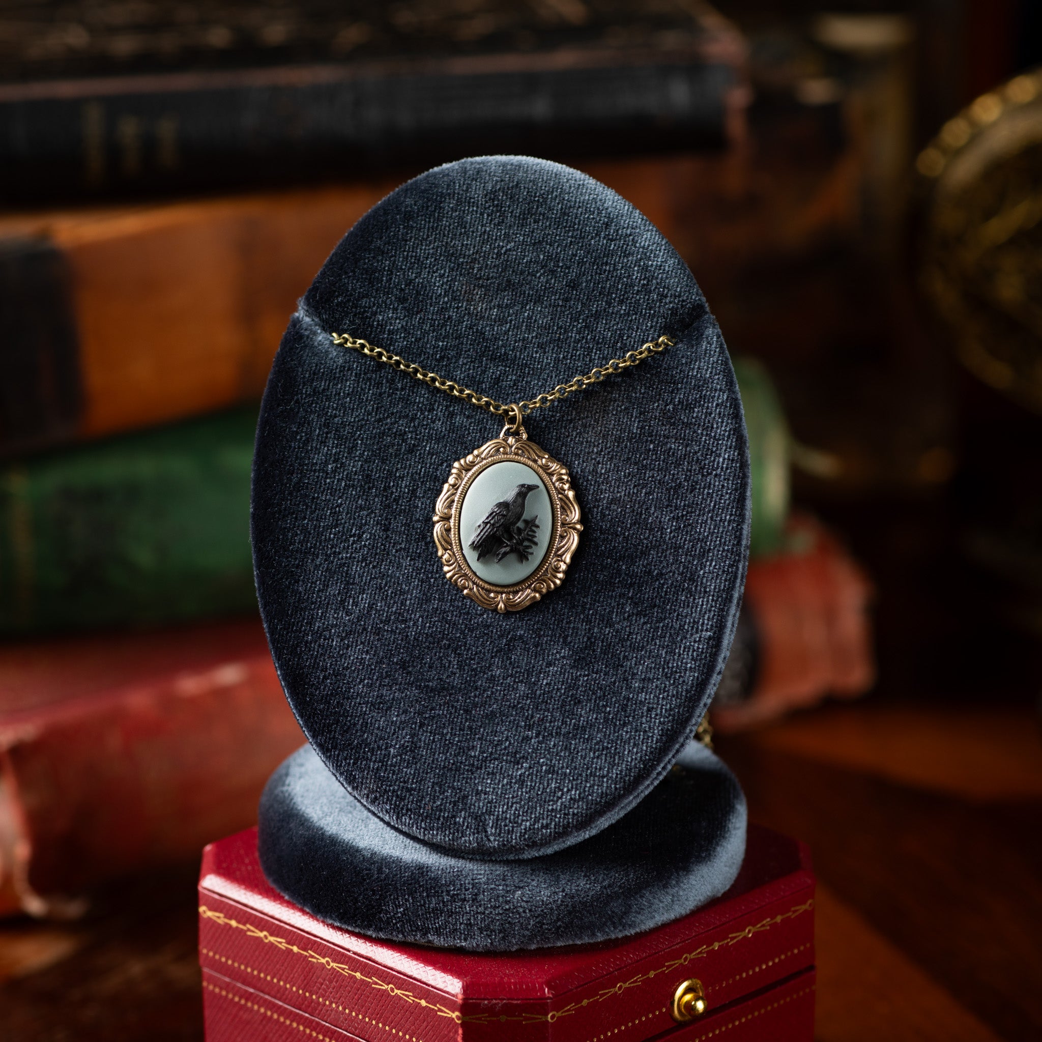 Black Raven Cameo Necklace Vintage Style Poe Victorian Gothic Horror Crow Dark Academia Pendant on Retro Filigree Setting Odin's Eyes