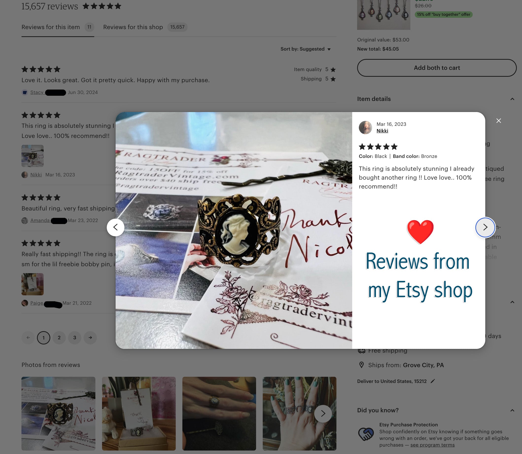 Five-star review of vintage cameo ring from Etsy shop