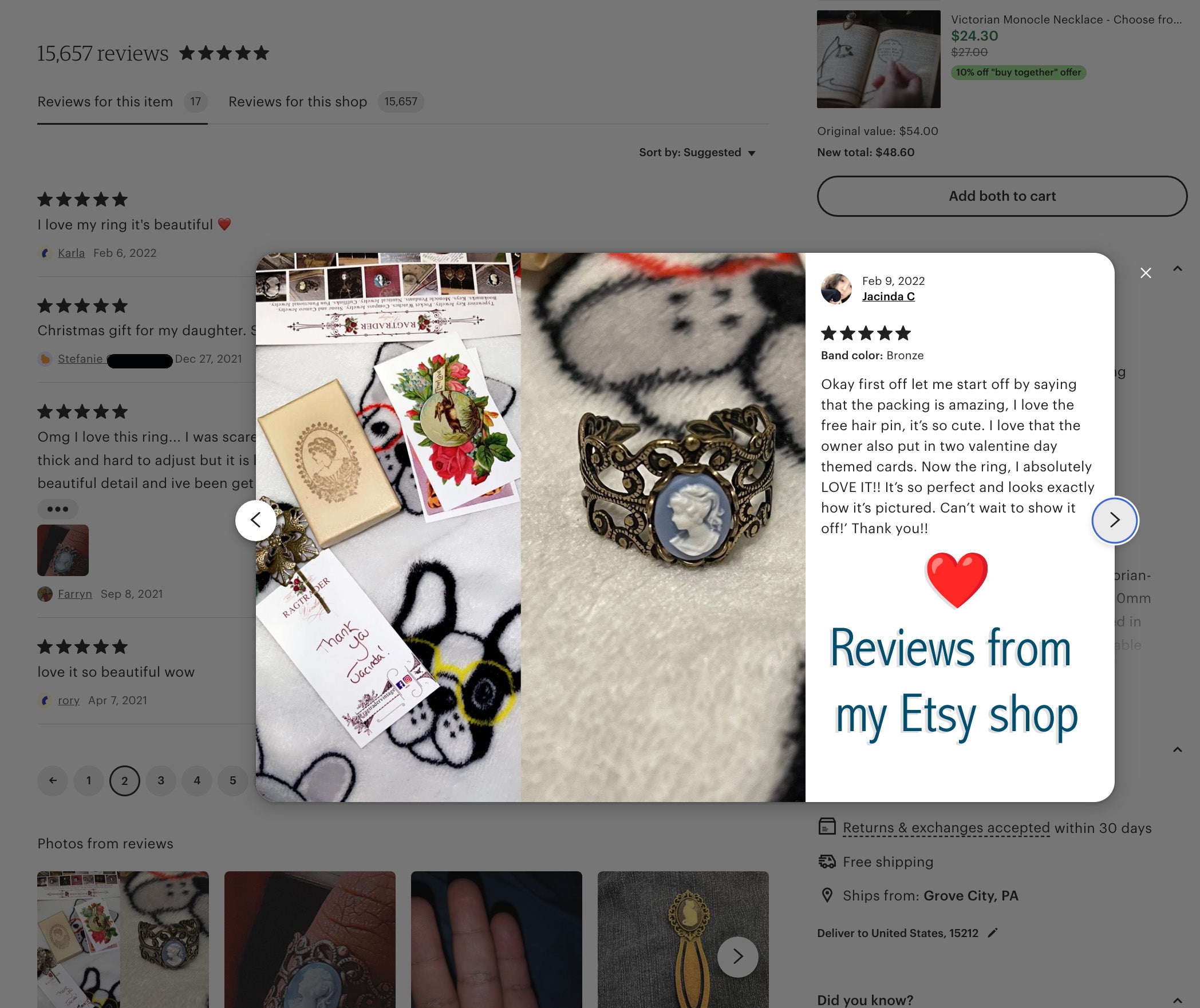 Five-star review of blue cameo ring from Etsy shop.