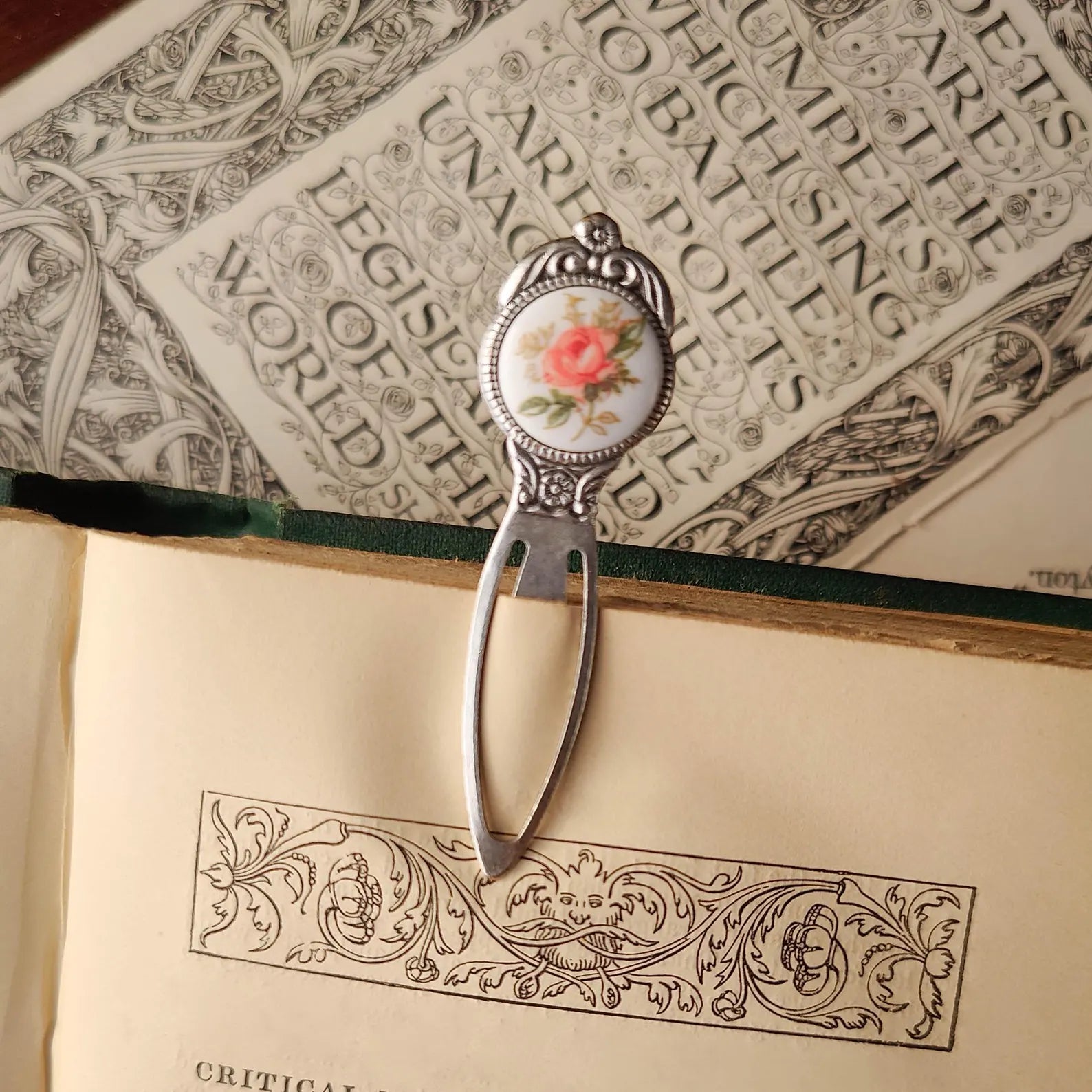 antiqued silver modern vintage inspired pink rose cabochon circle bookmark. Great gift for editors.