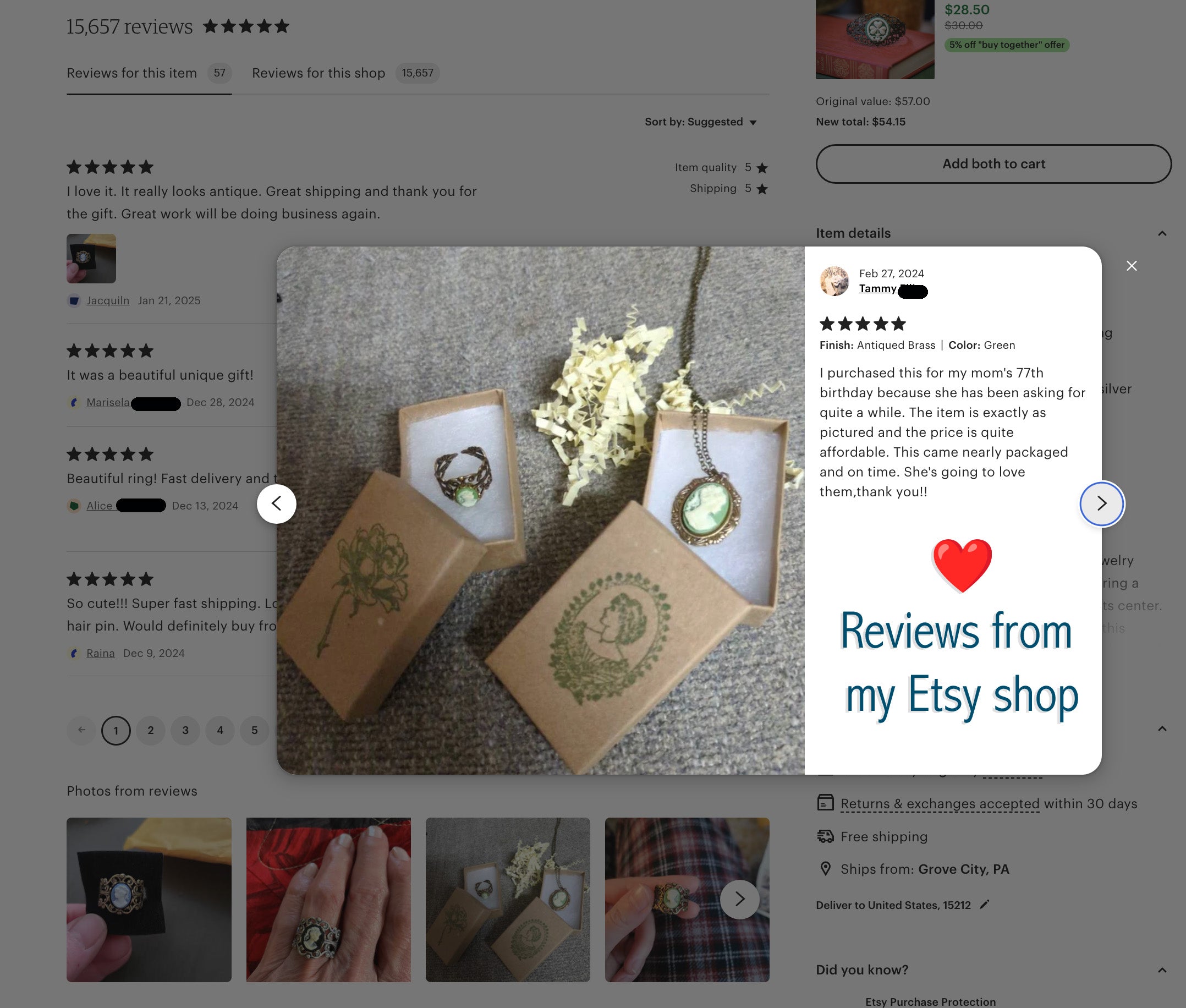 Positive review of green cameo ring and green cameo necklace from Etsy shop