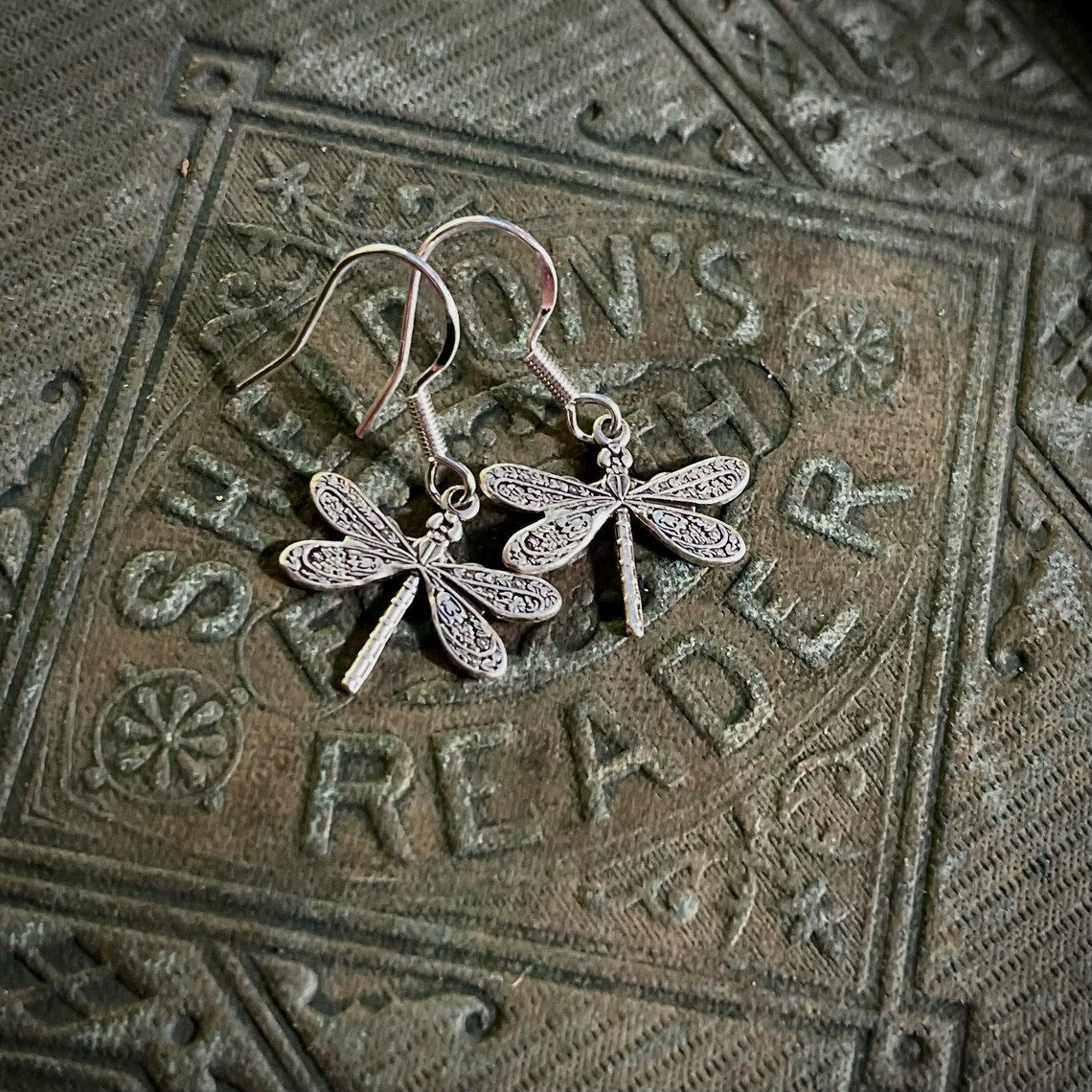 Tiny Victorian Dragonfly Earrings or Necklace, Choose Antiqued Silver or Brass