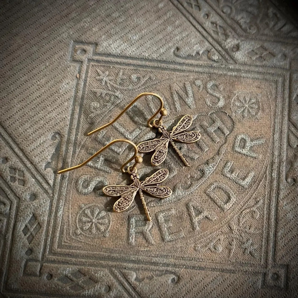 Tiny Victorian Dragonfly Earrings or Necklace, Choose Antiqued Silver or Brass