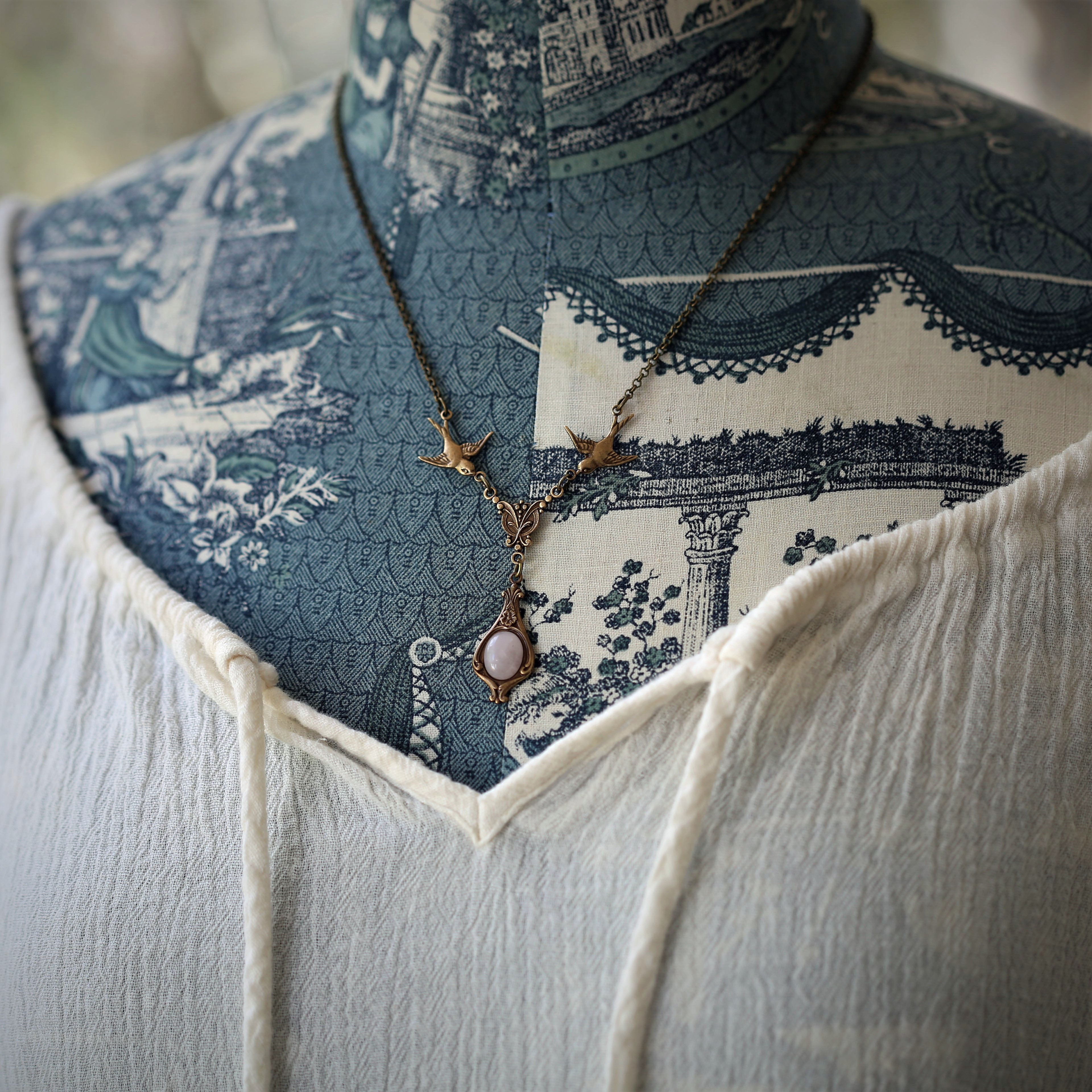 Pink or Purple Stone Necklace with Birds