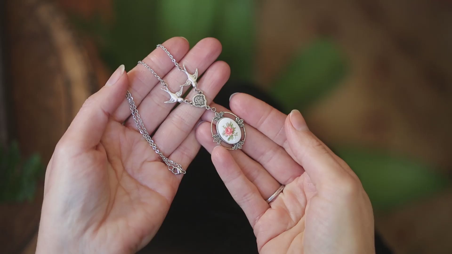 Victorian Leaf Rose Necklace with Birds