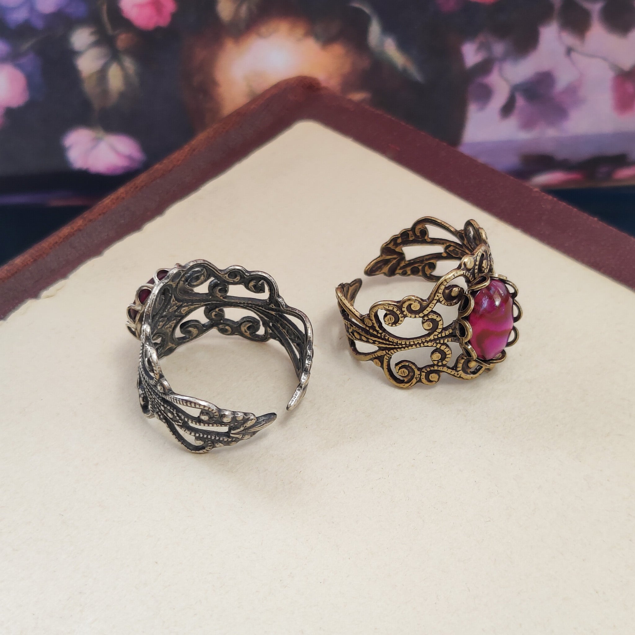 antiqued silver modern vintage inspired adjustable statement filigree ring with a rich rose pink paua oval shell in the pink shabby chic aesthetic