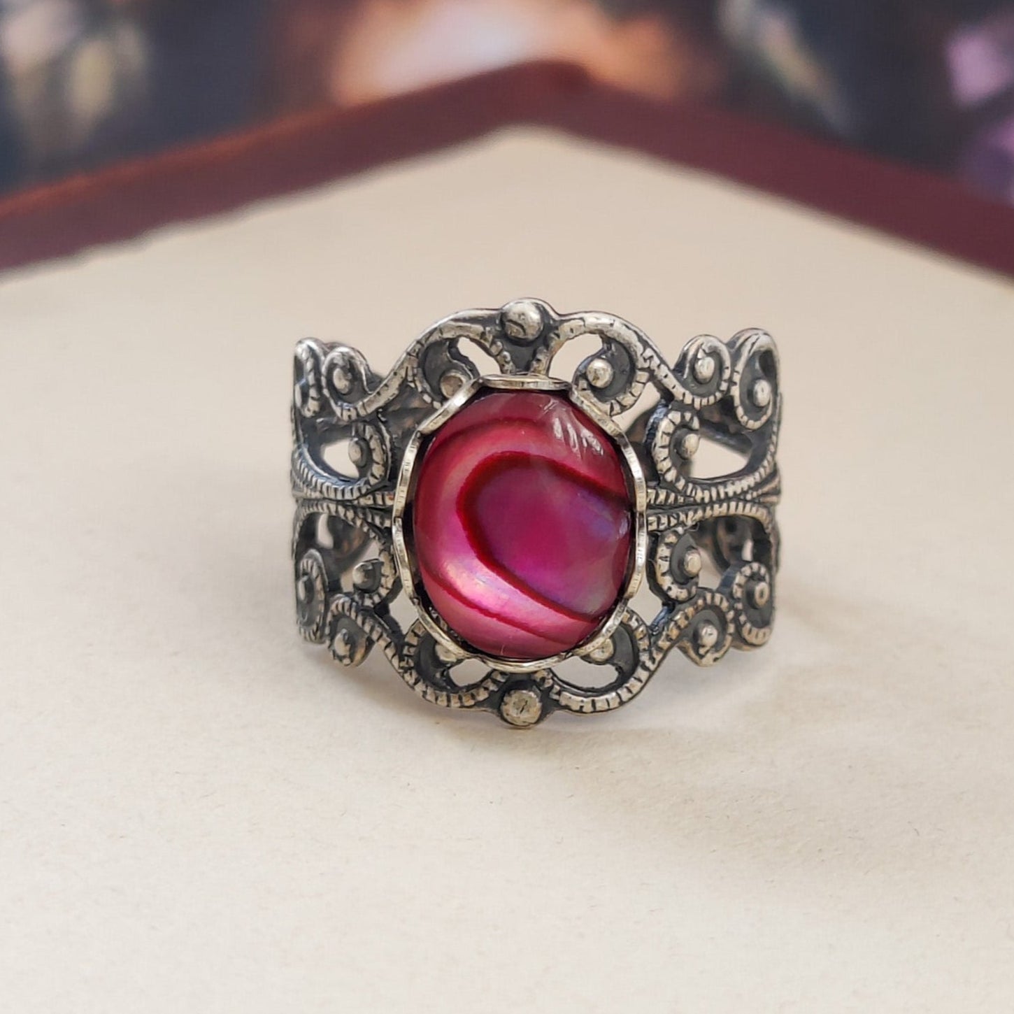 antiqued silver modern vintage inspired adjustable statement filigree ring with a rich rose pink paua oval shell in the pink Pilates princess aesthetic