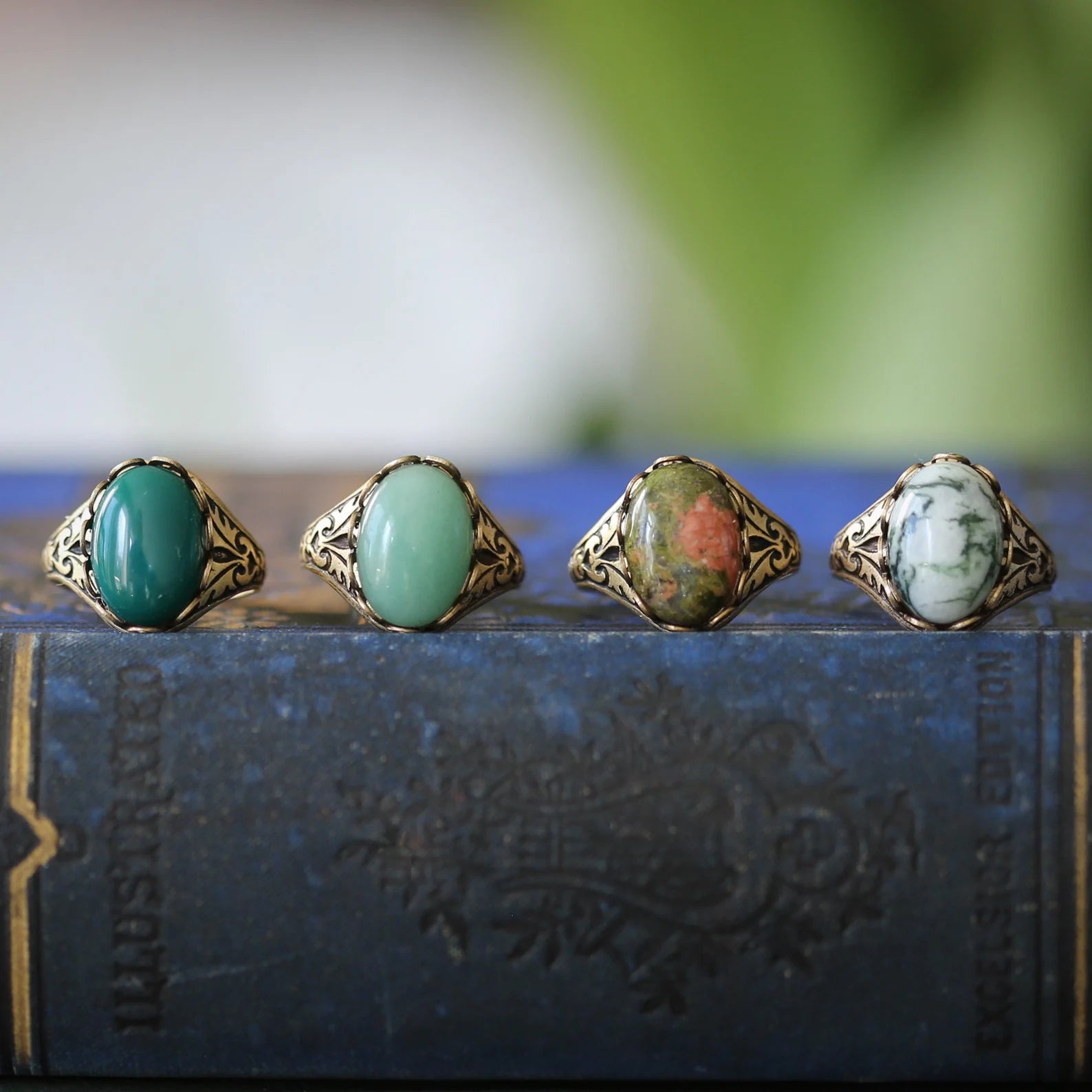 antiqued brass vintage style adjustable green semi-precious stone mineral statement ring collection. Choose from agate, aventurine, or unakite.