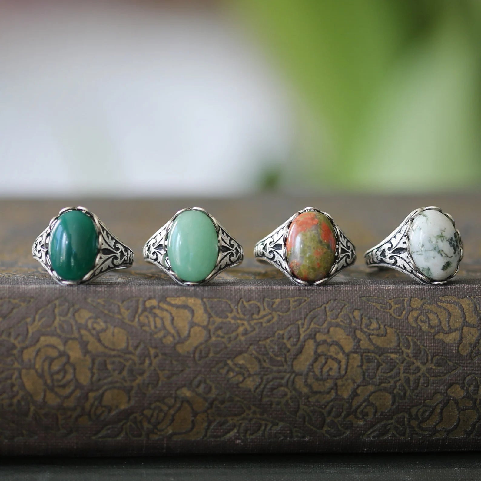 antiqued silver vintage style adjustable green semi-precious stone mineral statement ring collection. Choose from agate, aventurine, or unakite.