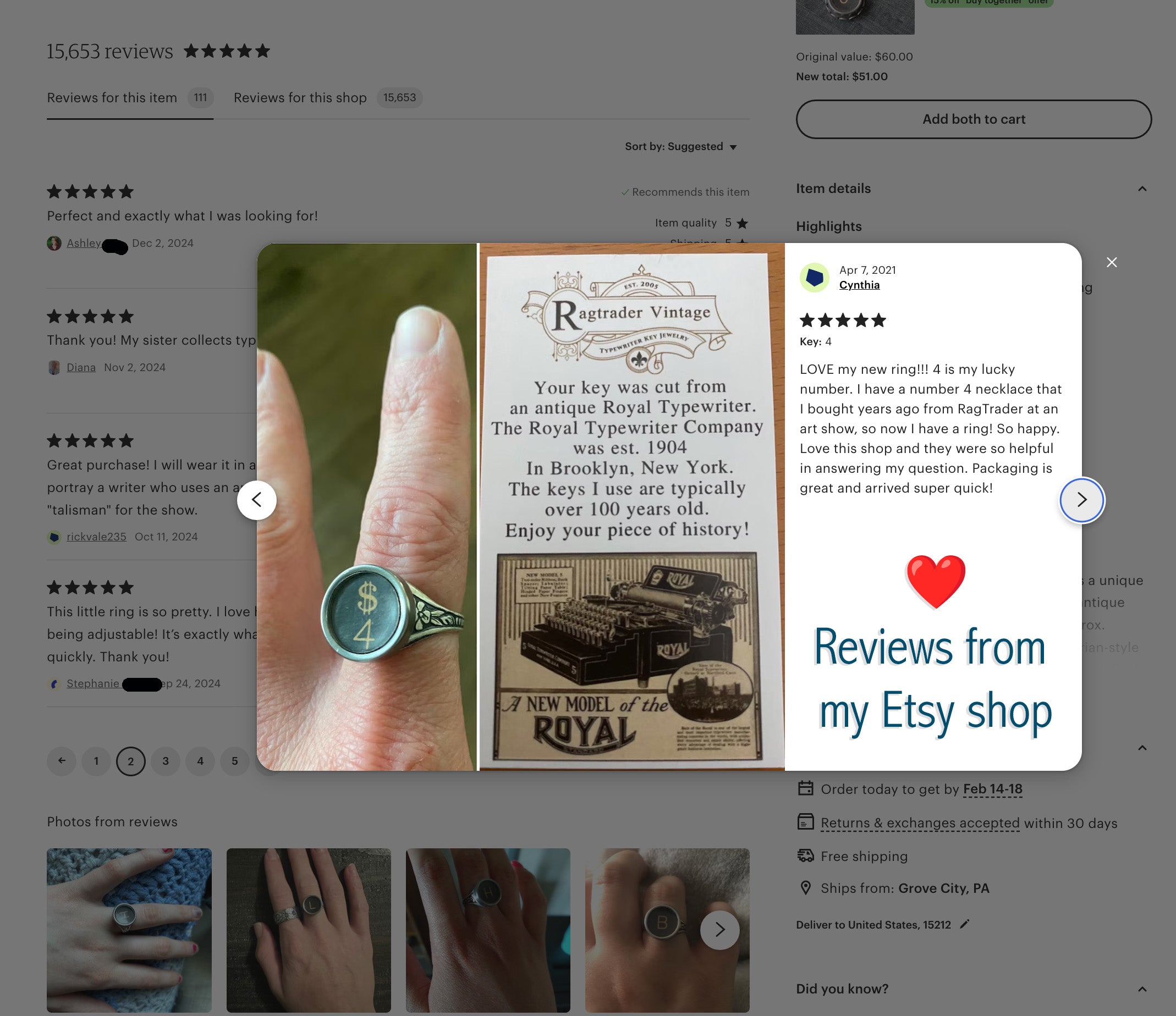 Customer review of the vintage typewriter ring commenting on how they love this shop