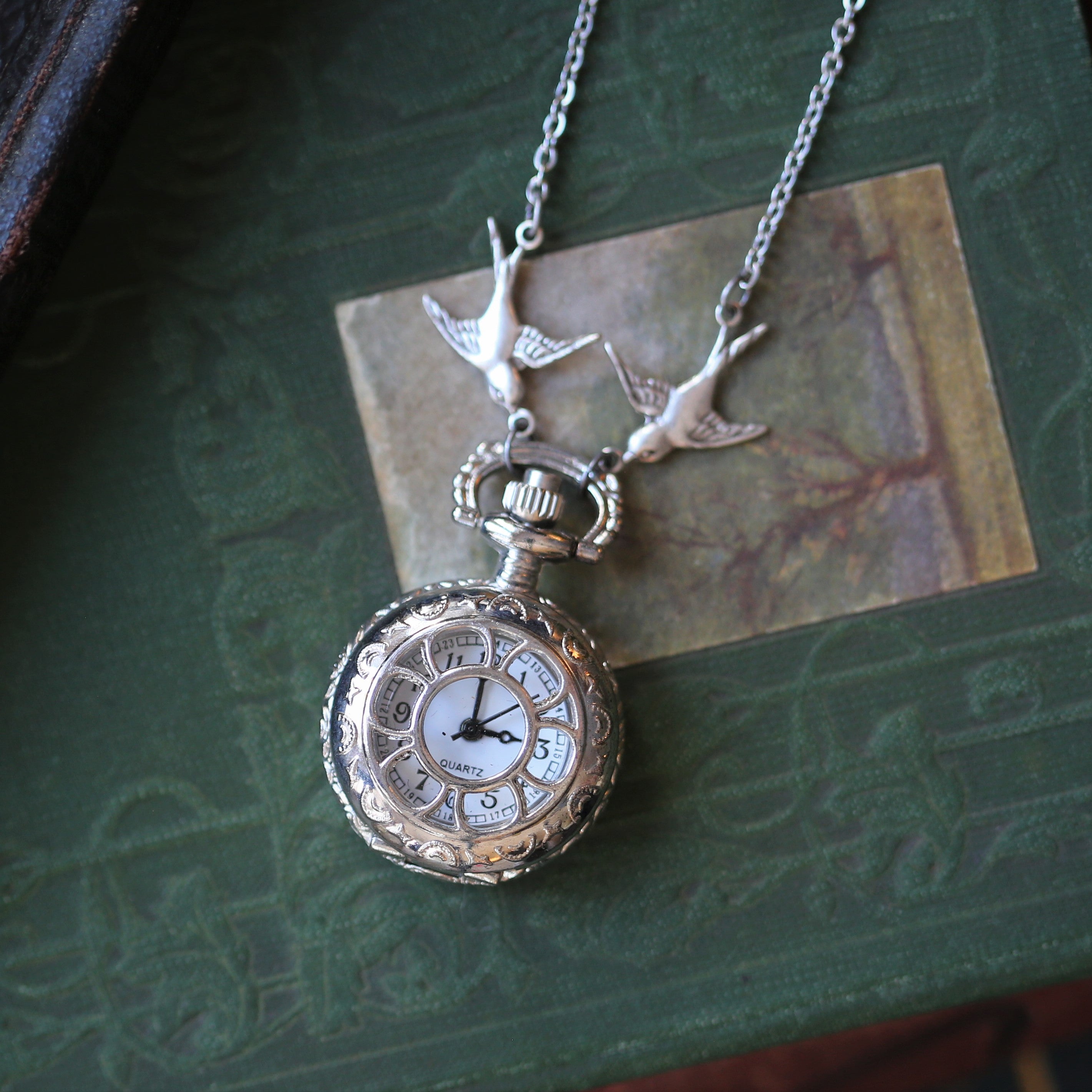 Patterned Silver Pocket Watch Necklace