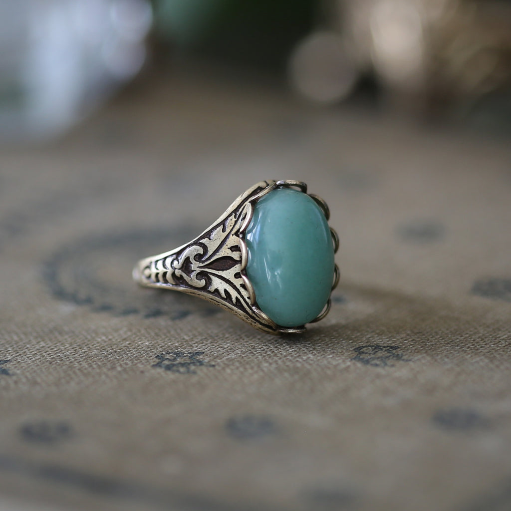 Antiqued brass vintage style adjustable oval stone ring with green aventurine by ragtrader vintage.