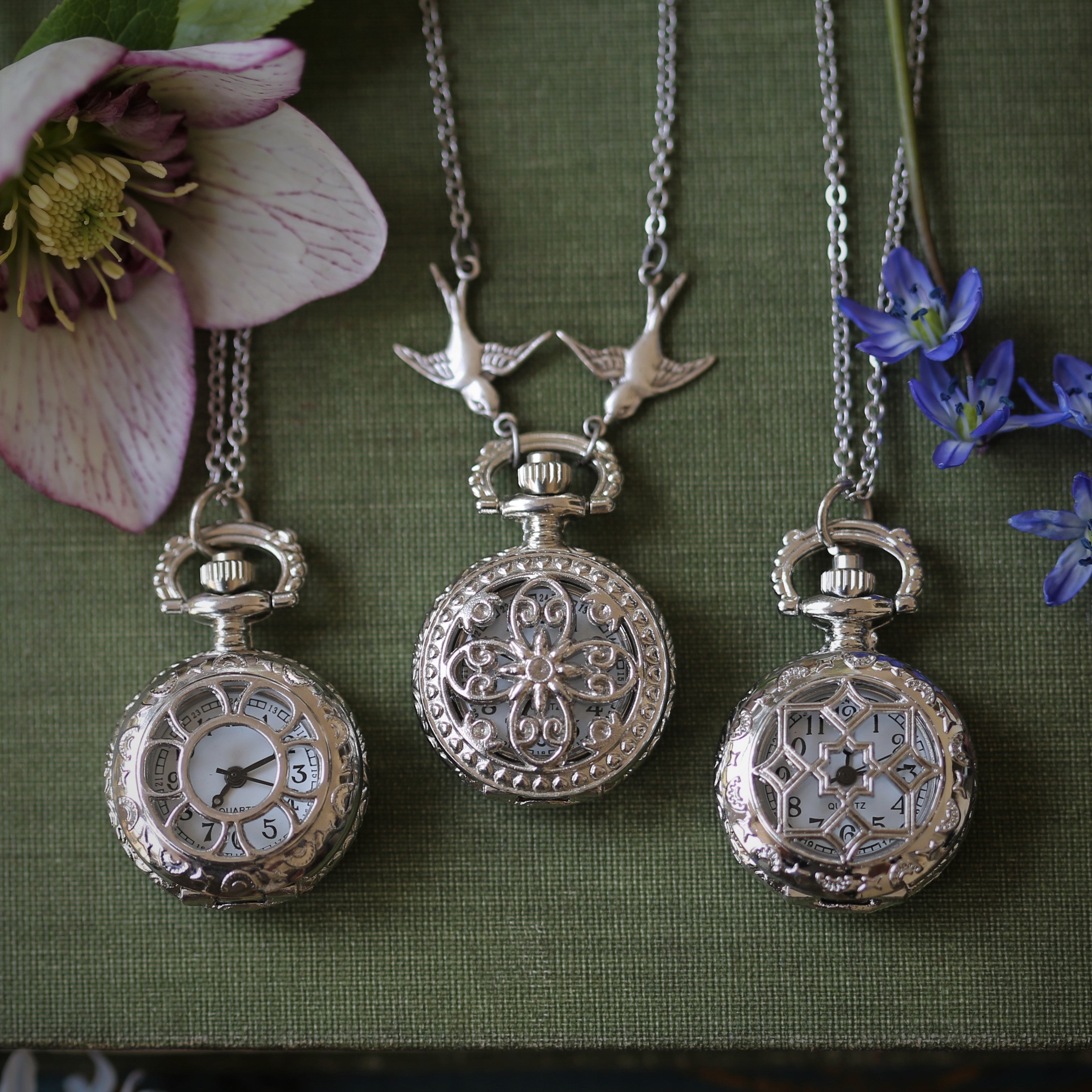 Patterned Silver Pocket Watch Necklace