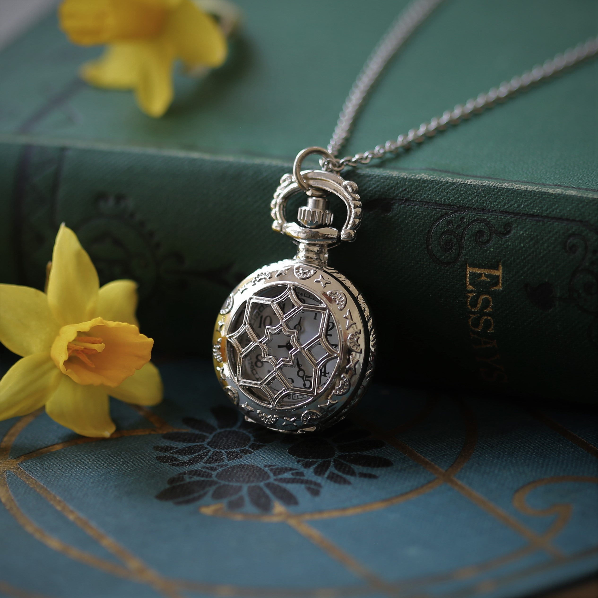 Patterned Silver Pocket Watch Necklace