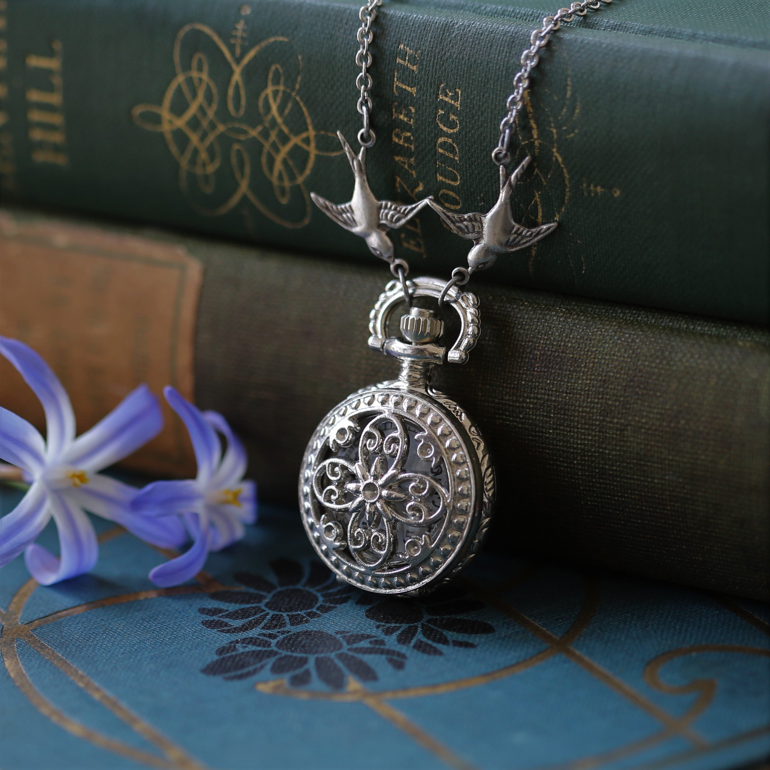 Patterned Silver Pocket Watch Necklace