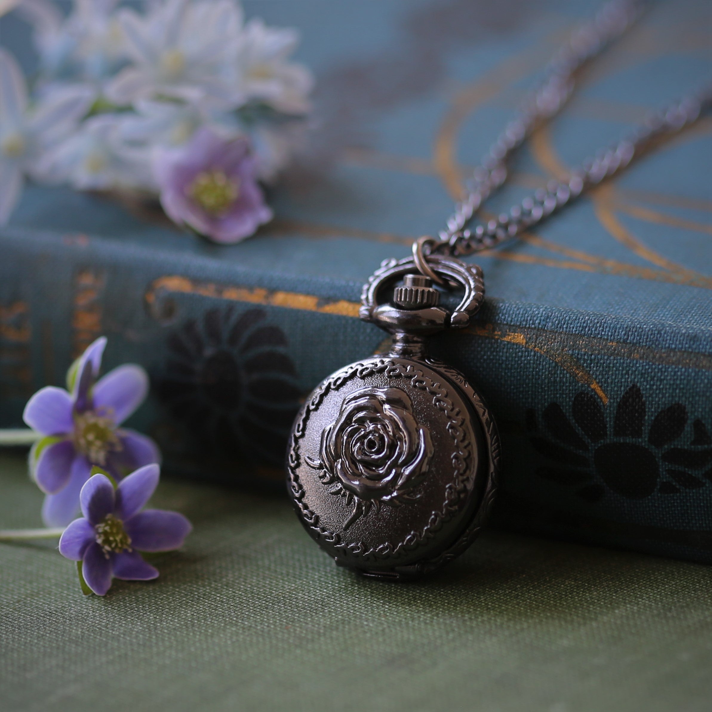 Black Gunmetal Rose Pocket Watch Necklace