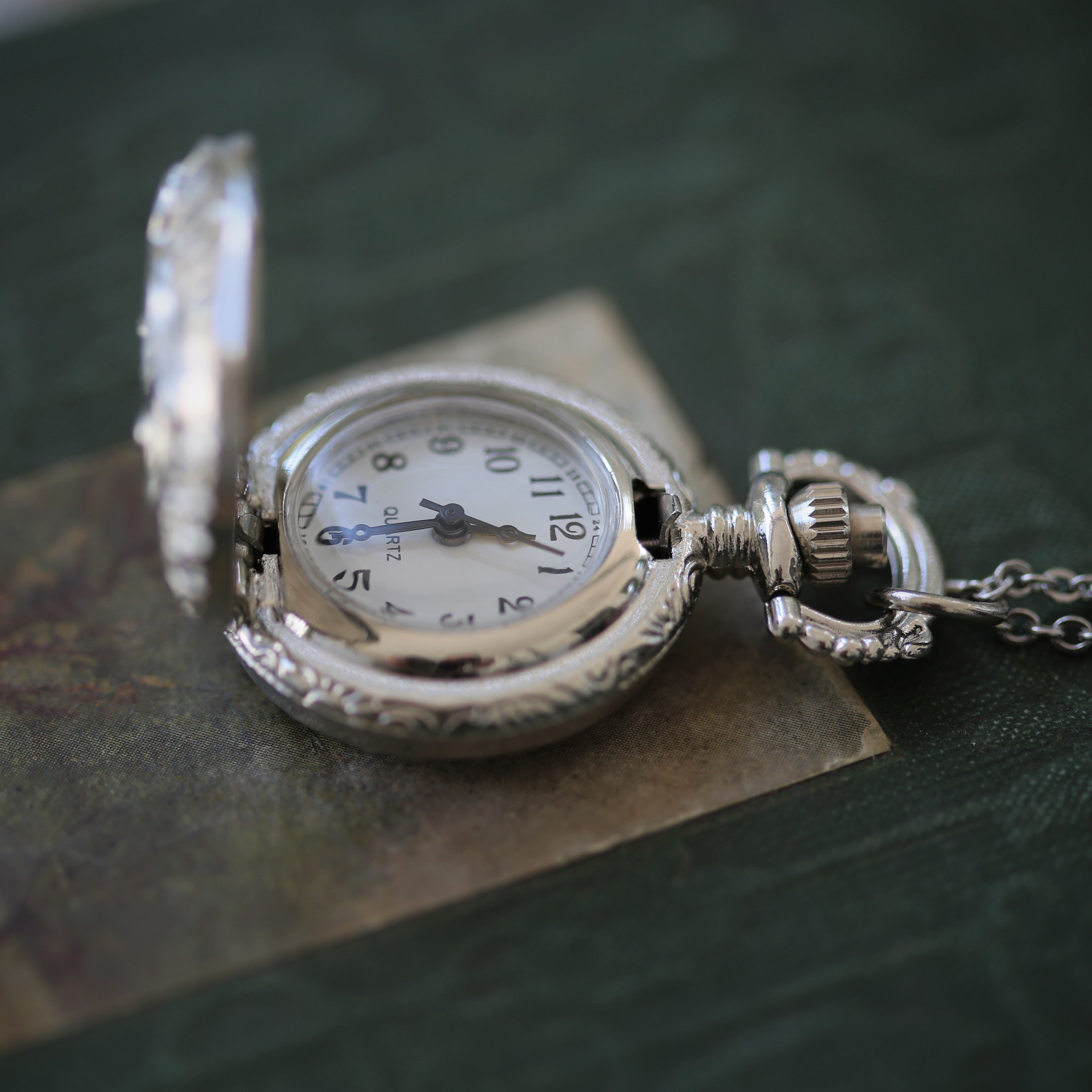 Patterned Silver Pocket Watch Necklace