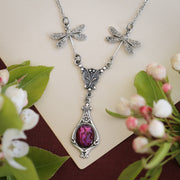 Pink and Purple Stone or Shell Antiqued Dragonfly Necklace
