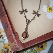 Orange and Yellow Stone and Shell Vintage Style Dragonfly Necklace