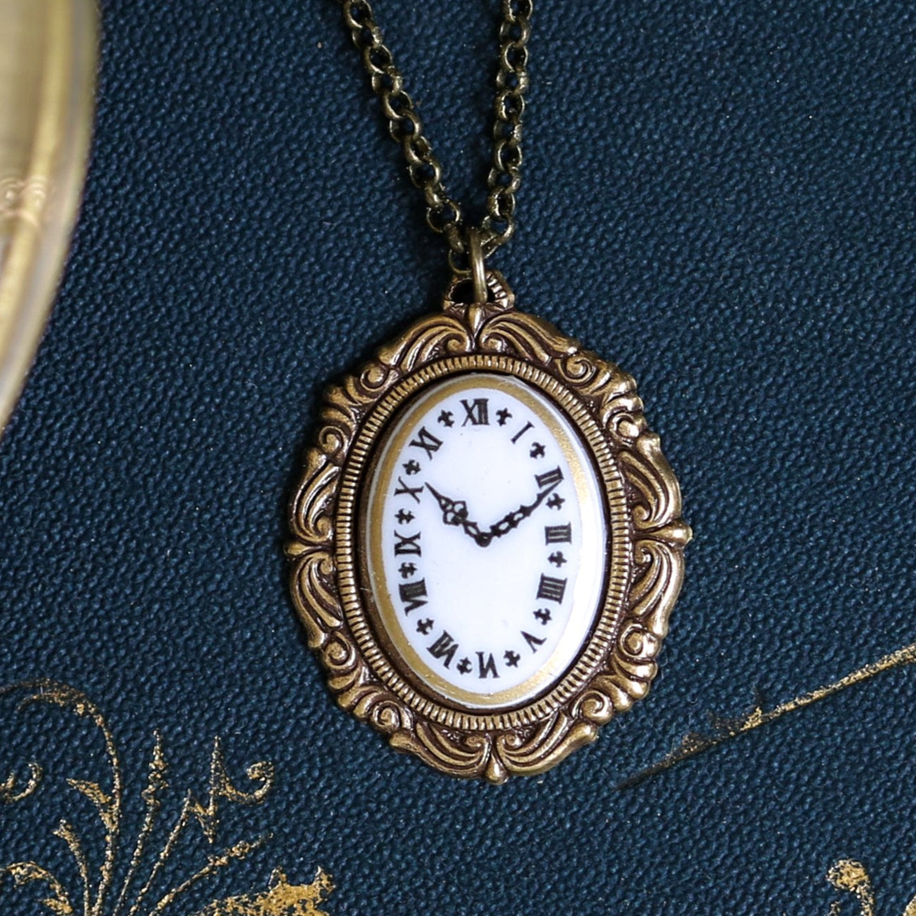 Antiqued Brass Clock face cameo necklace in vintage style.  Retro jewelry, classic academia