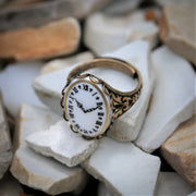 Vintage Style Clock Face Cameo Adjustable Ring on Silver or Brass Setting