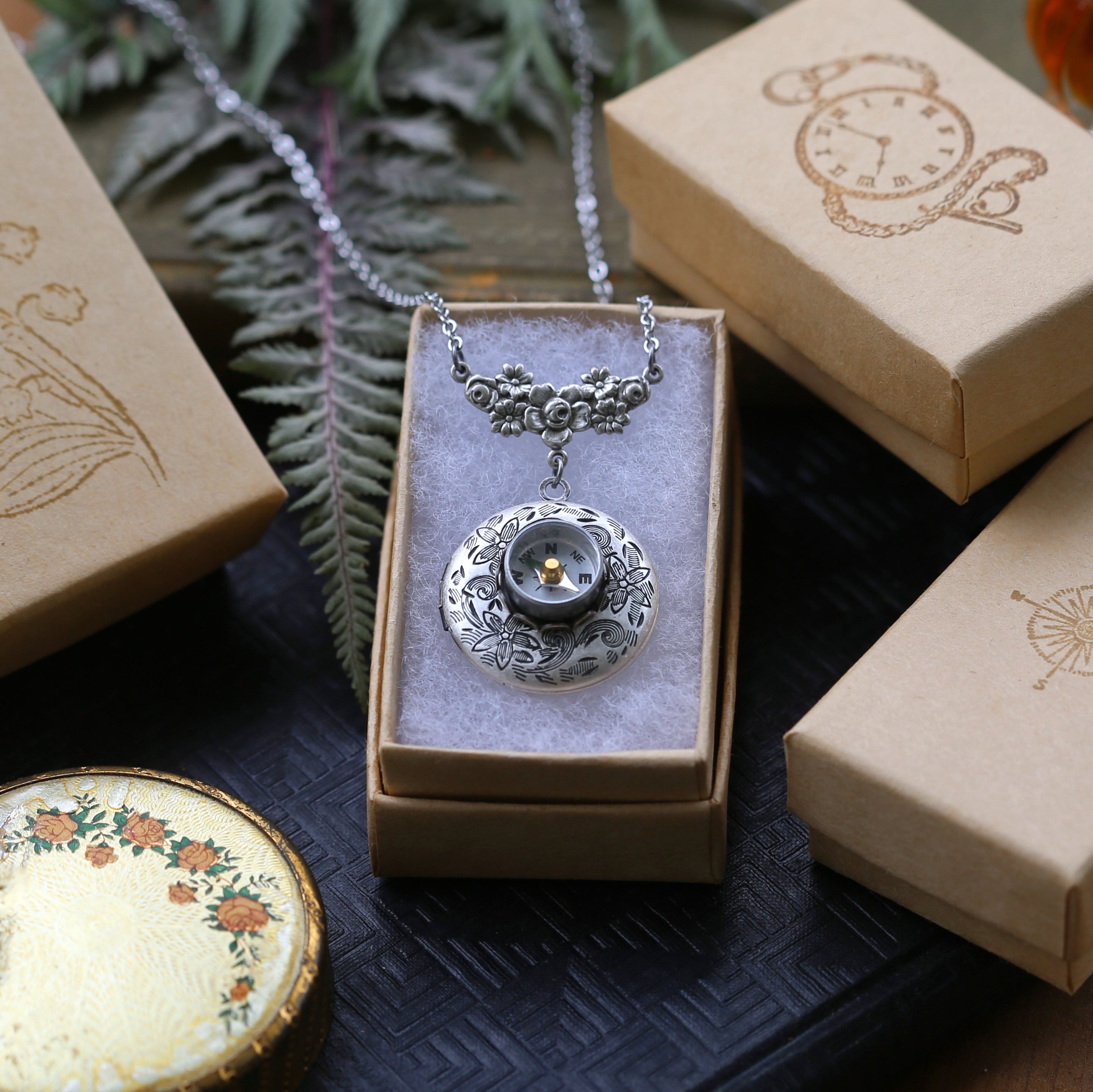 Compass Locket in Antiqued Silver